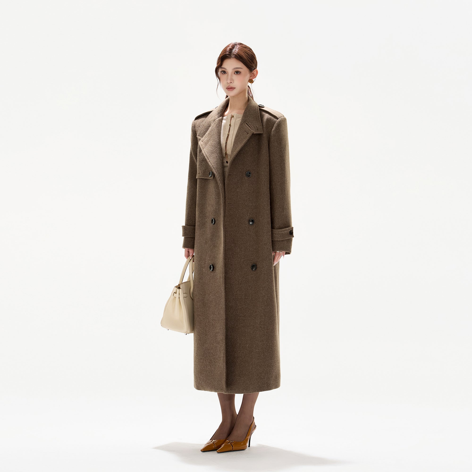 CYNR Classic Belted Wool-Blend Oversized Long Coat Brown