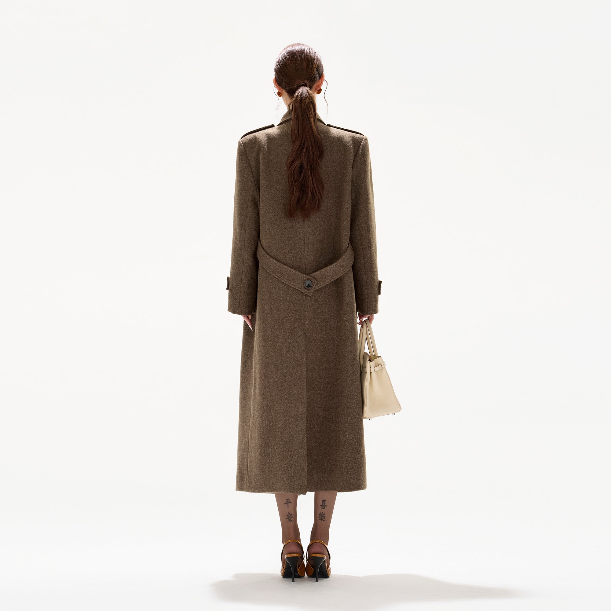CYGNENOYR Classic Belted Wool-Blend Oversized Long Coat Brown