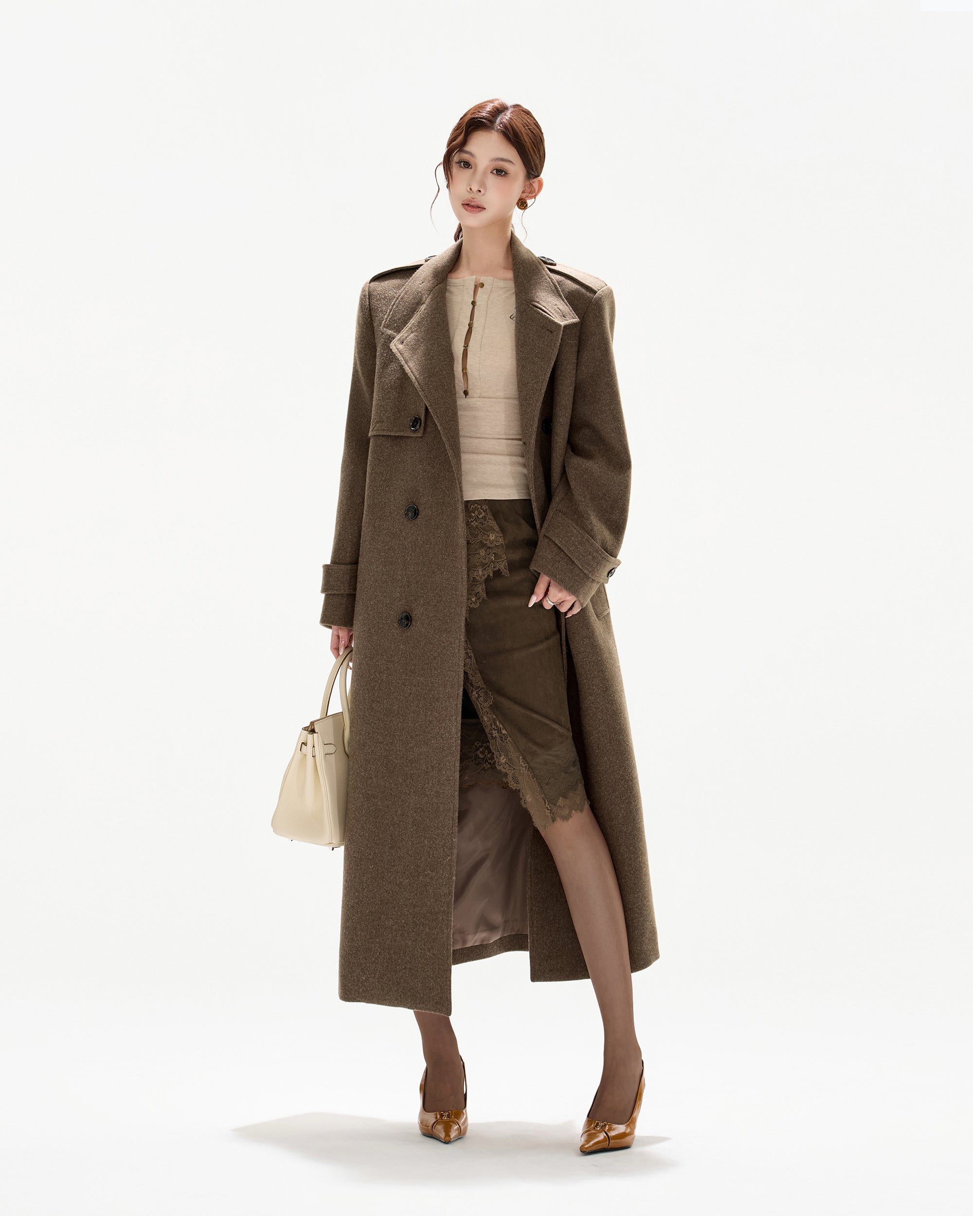 CYNR Classic Belted Wool-Blend Oversized Long Coat Brown
