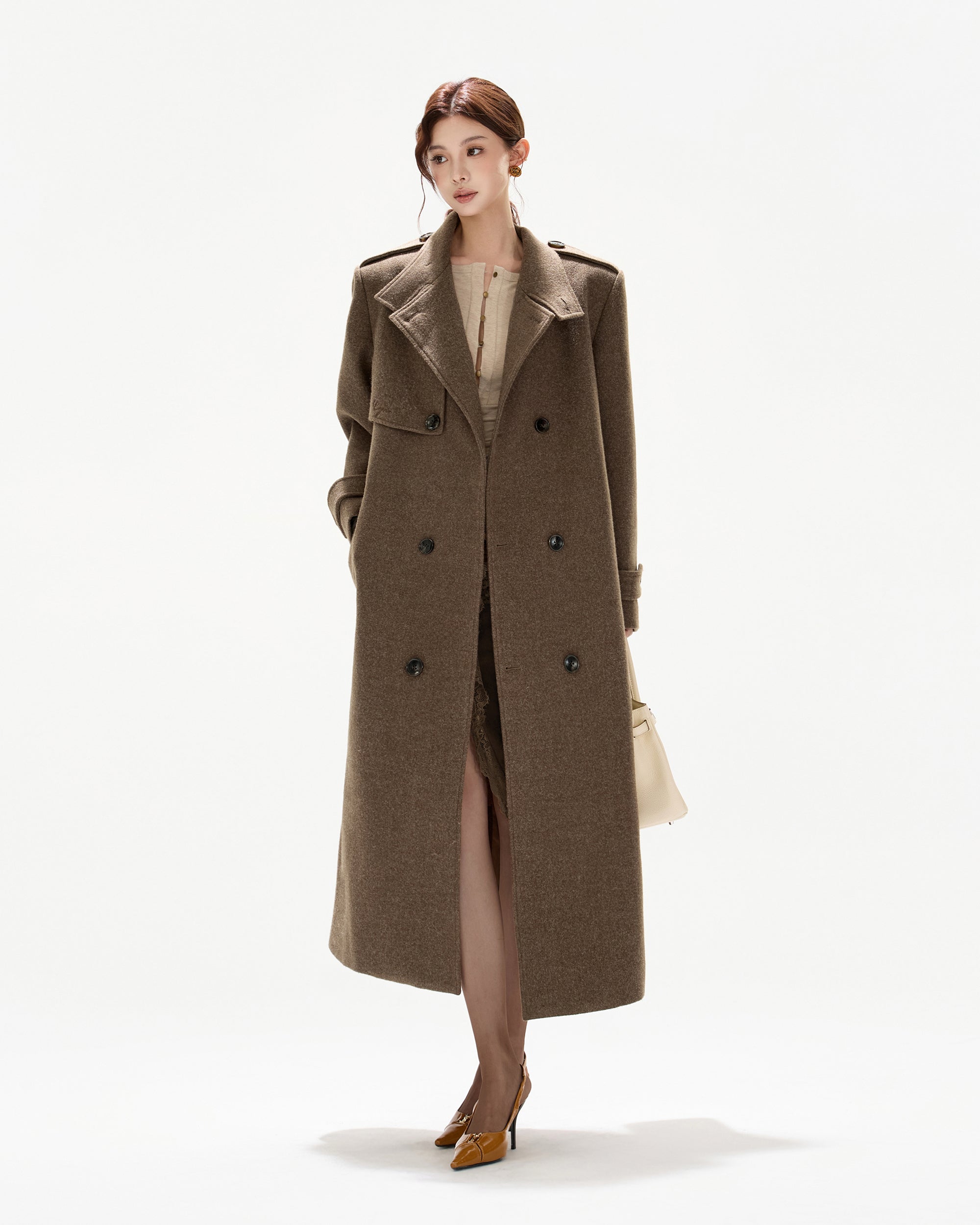 CYNR Classic Belted Wool-Blend Oversized Long Coat Brown