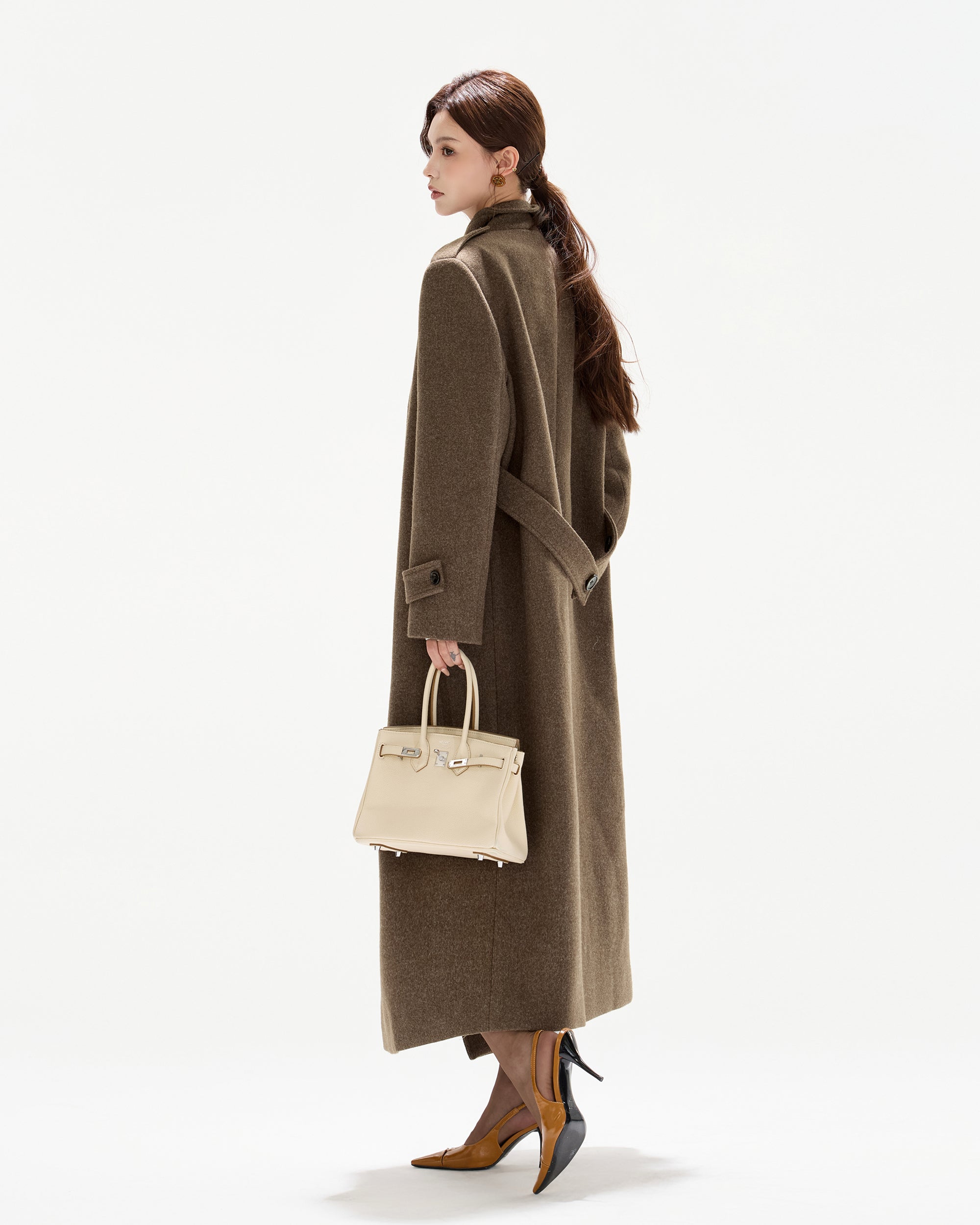 CYNR Classic Belted Wool-Blend Oversized Long Coat Brown