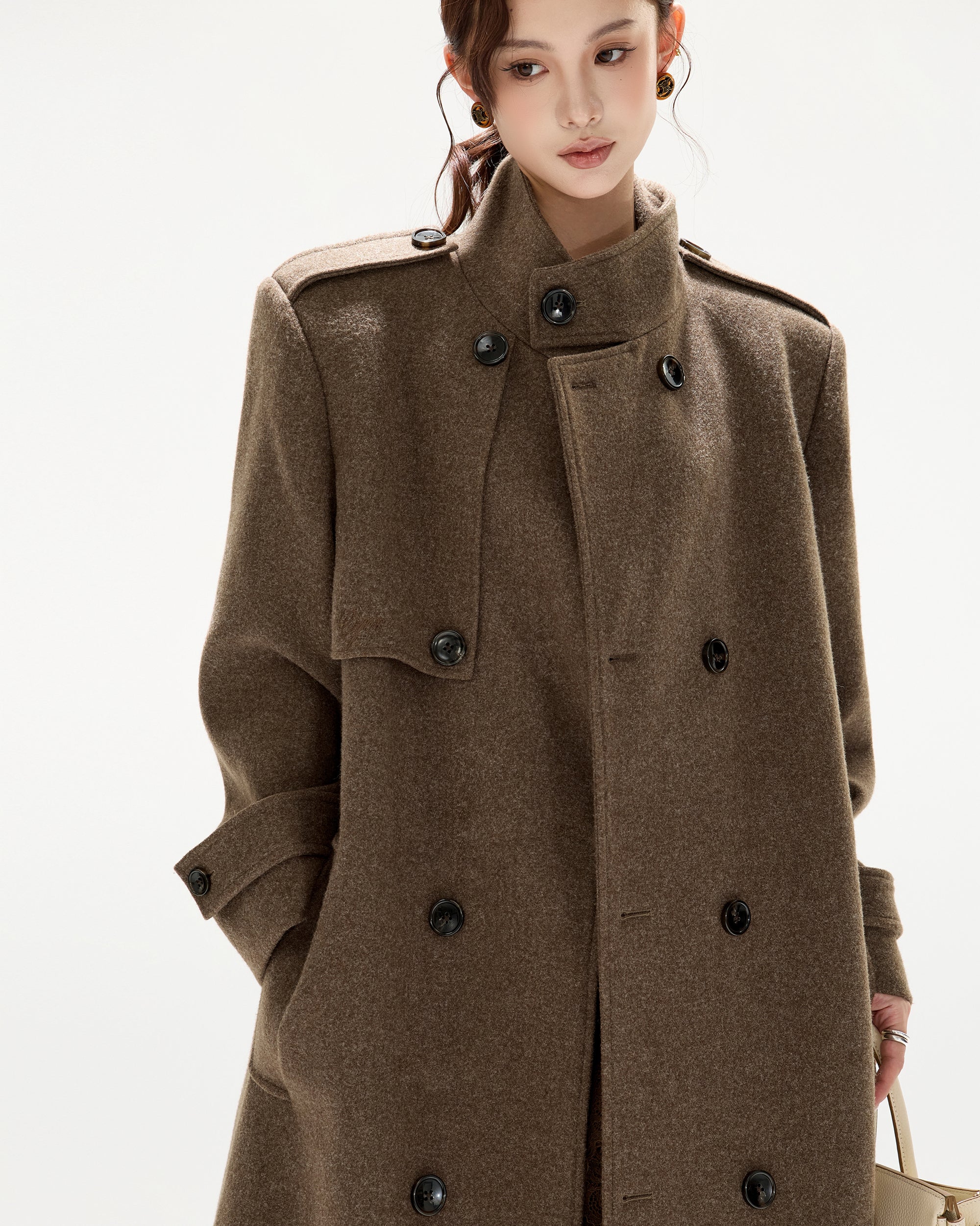 CYNR Classic Belted Wool-Blend Oversized Long Coat Brown