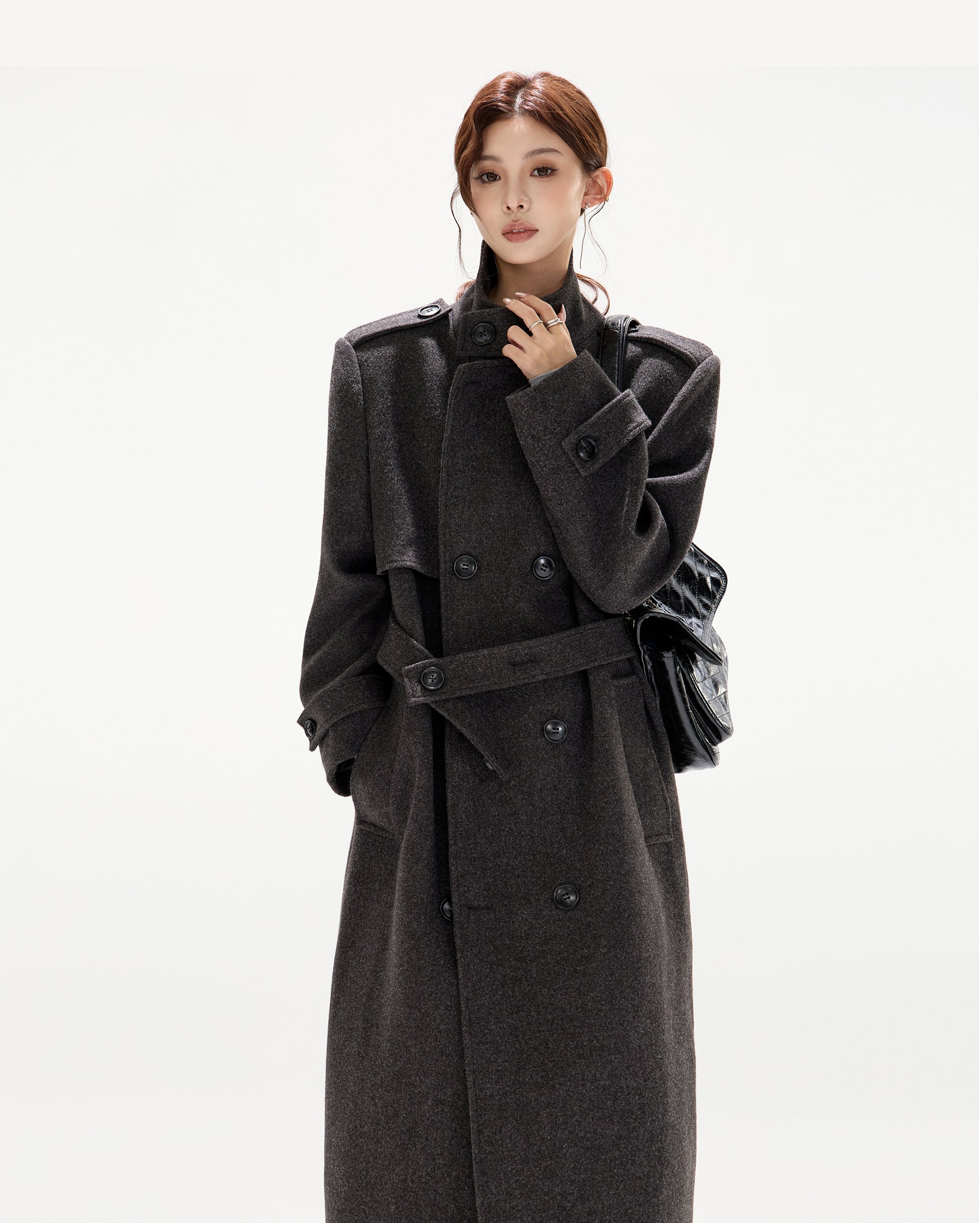 CYGNENOYR Classic Belted Wool-Blend Oversized Long Coat Gray