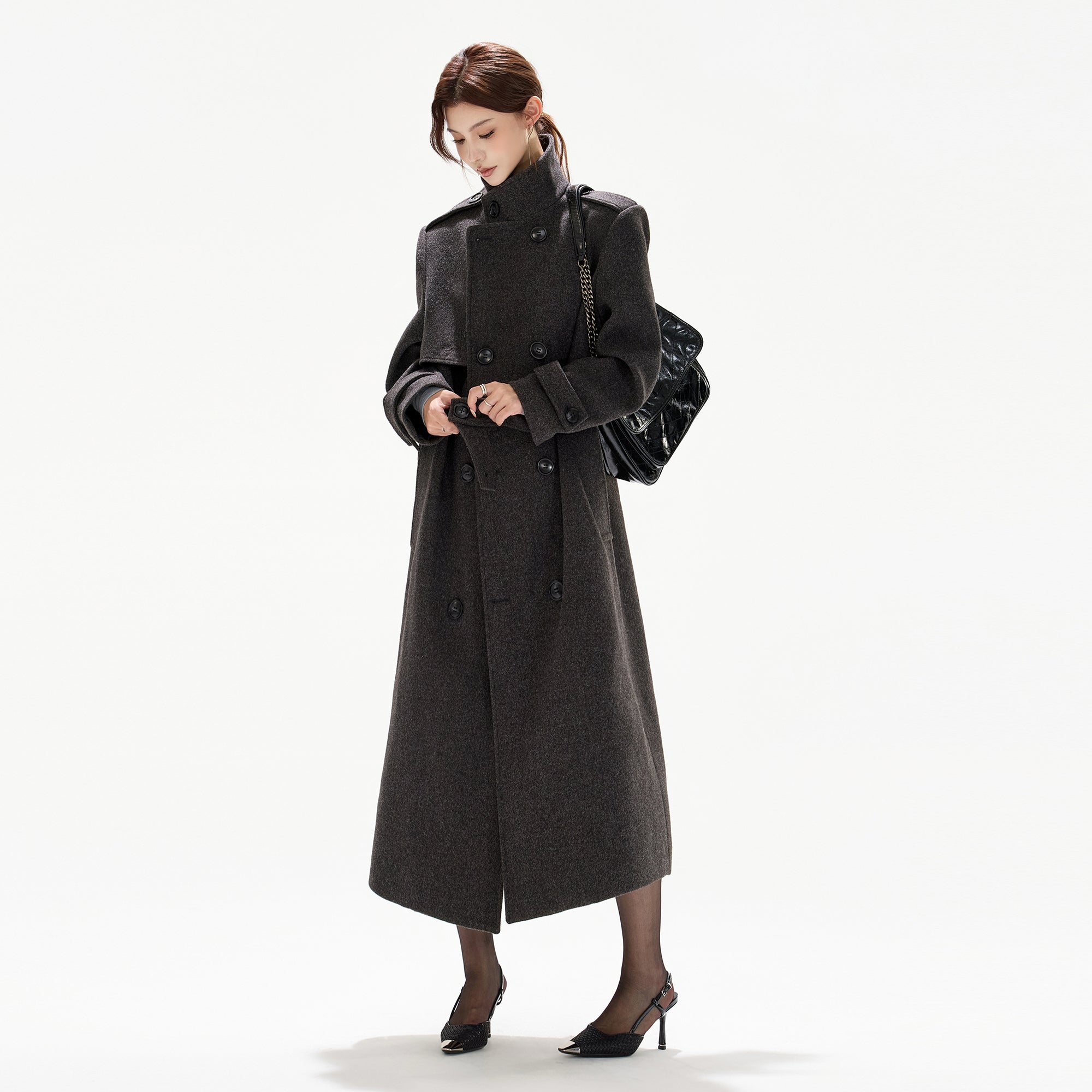 CYGNENOYR Classic Belted Wool-Blend Oversized Long Coat Gray