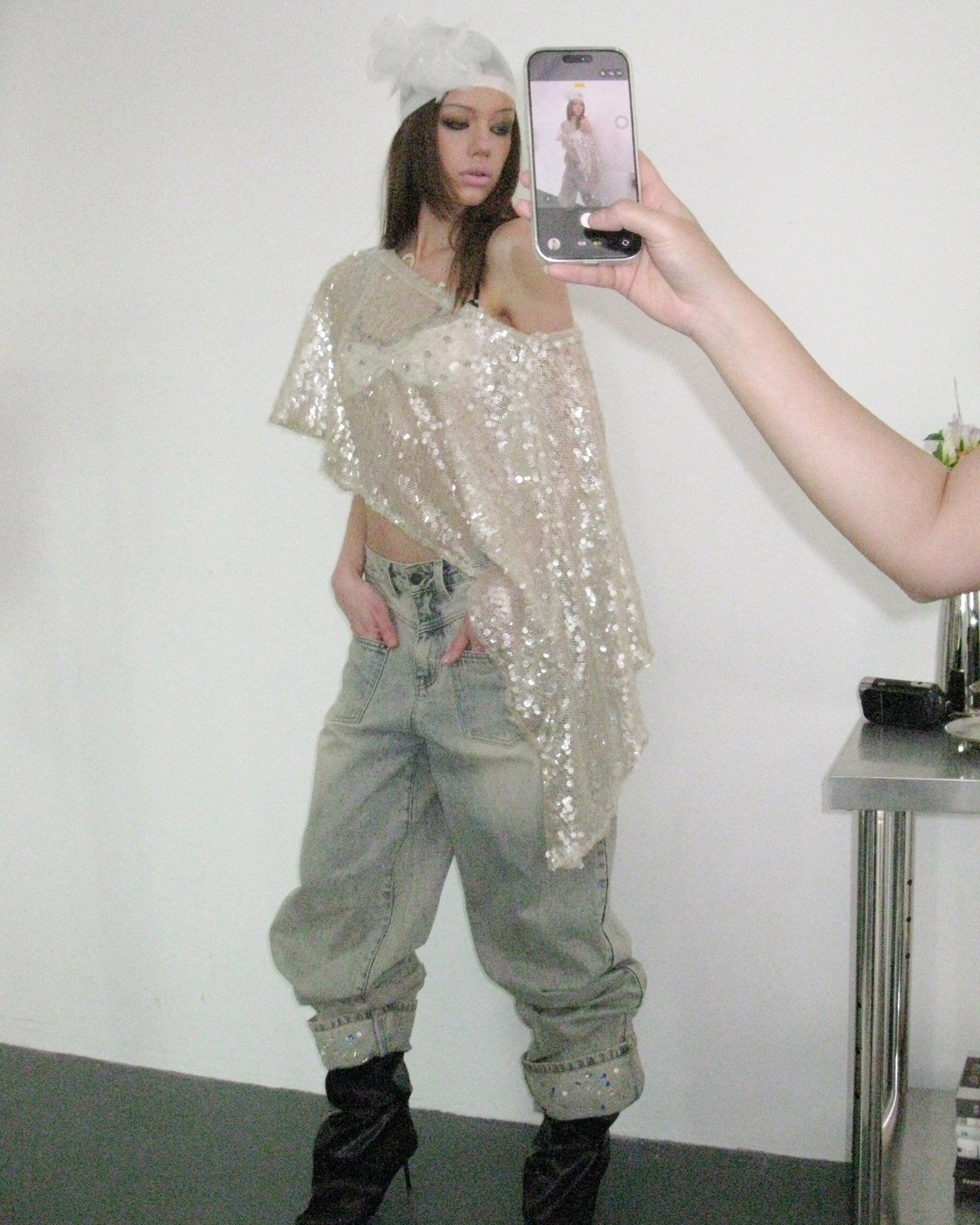 NEVER OFFEND L ANGEL Asymmetrical Sequin Mesh Cape Top