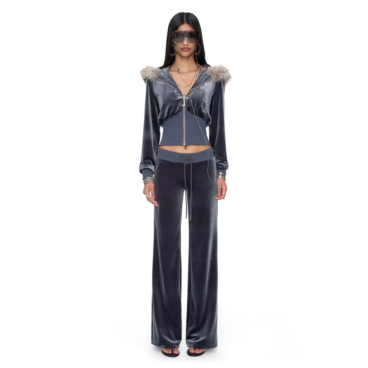 JYOSEI Graphic Velvet Cropped Hoodie & Sweatpants Set