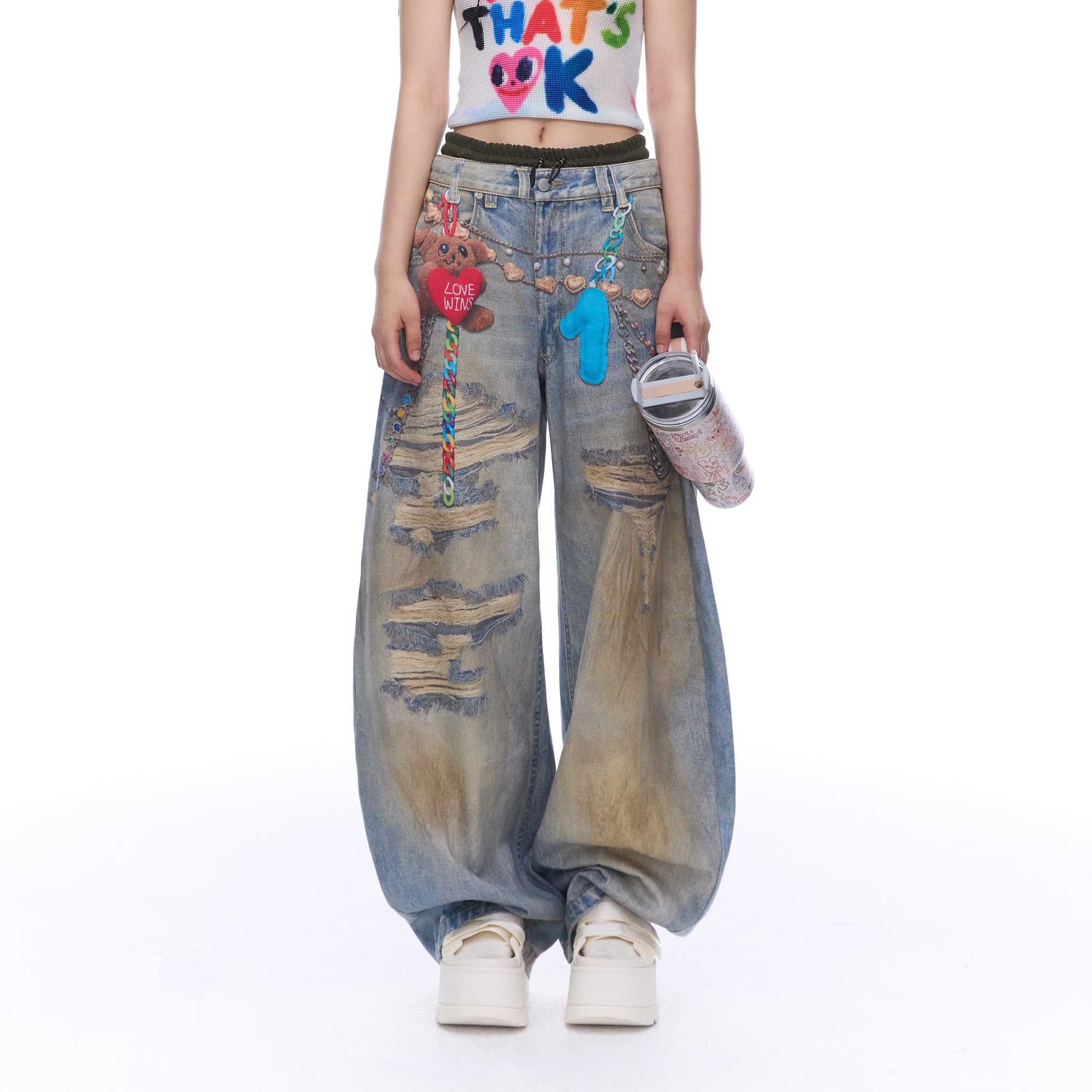 MOF Teddy Chain Graphic Distressed Curved Jeans