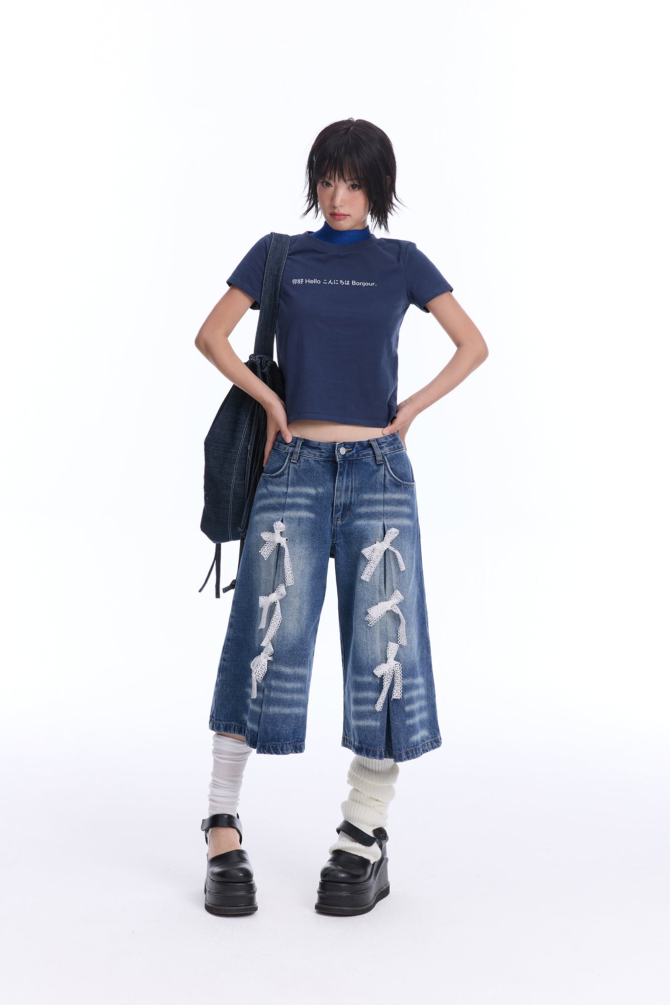 MOF Lace Bow Wide-Leg Cropped Jeans