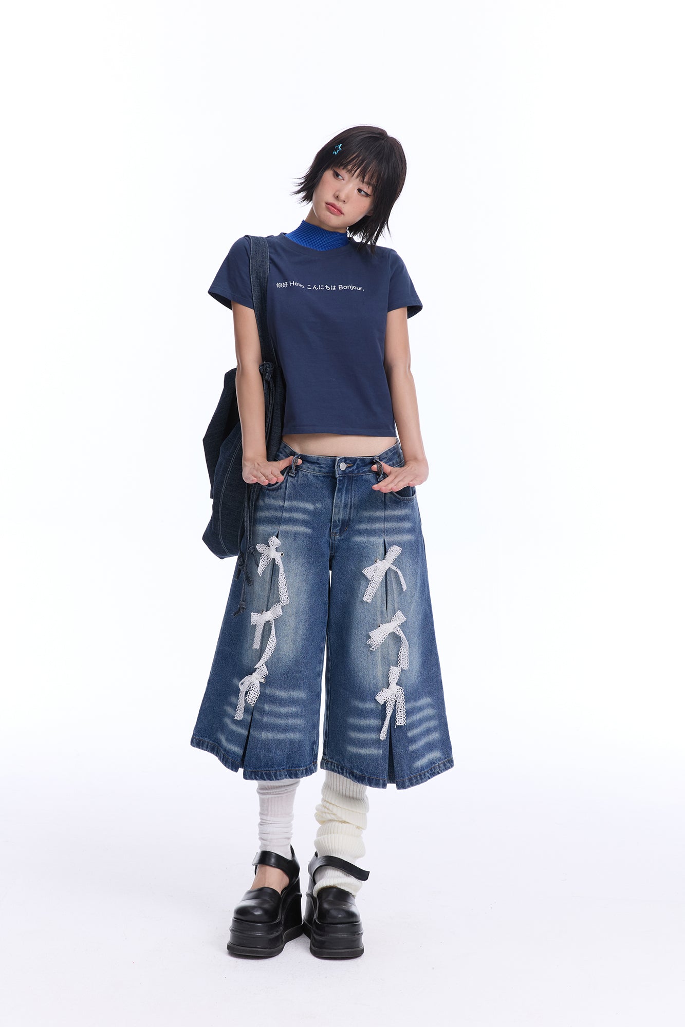 MOF Lace Bow Wide-Leg Cropped Jeans