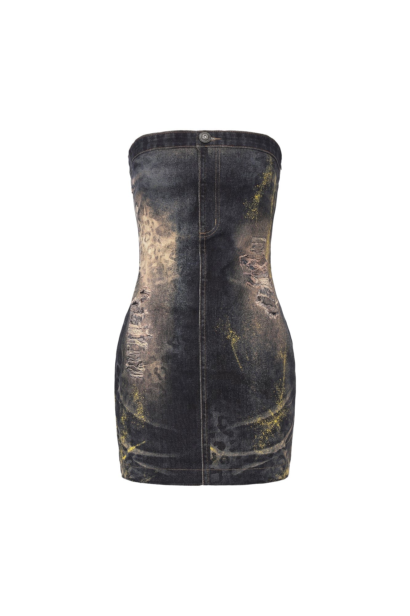 FAYCHUI Foil-Dusted Distressed Leopard Tube Denim Dress