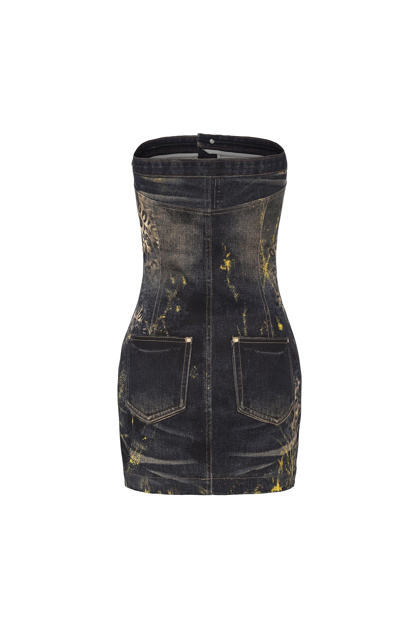 FAYCHUI Foil-Dusted Distressed Leopard Tube Denim Dress