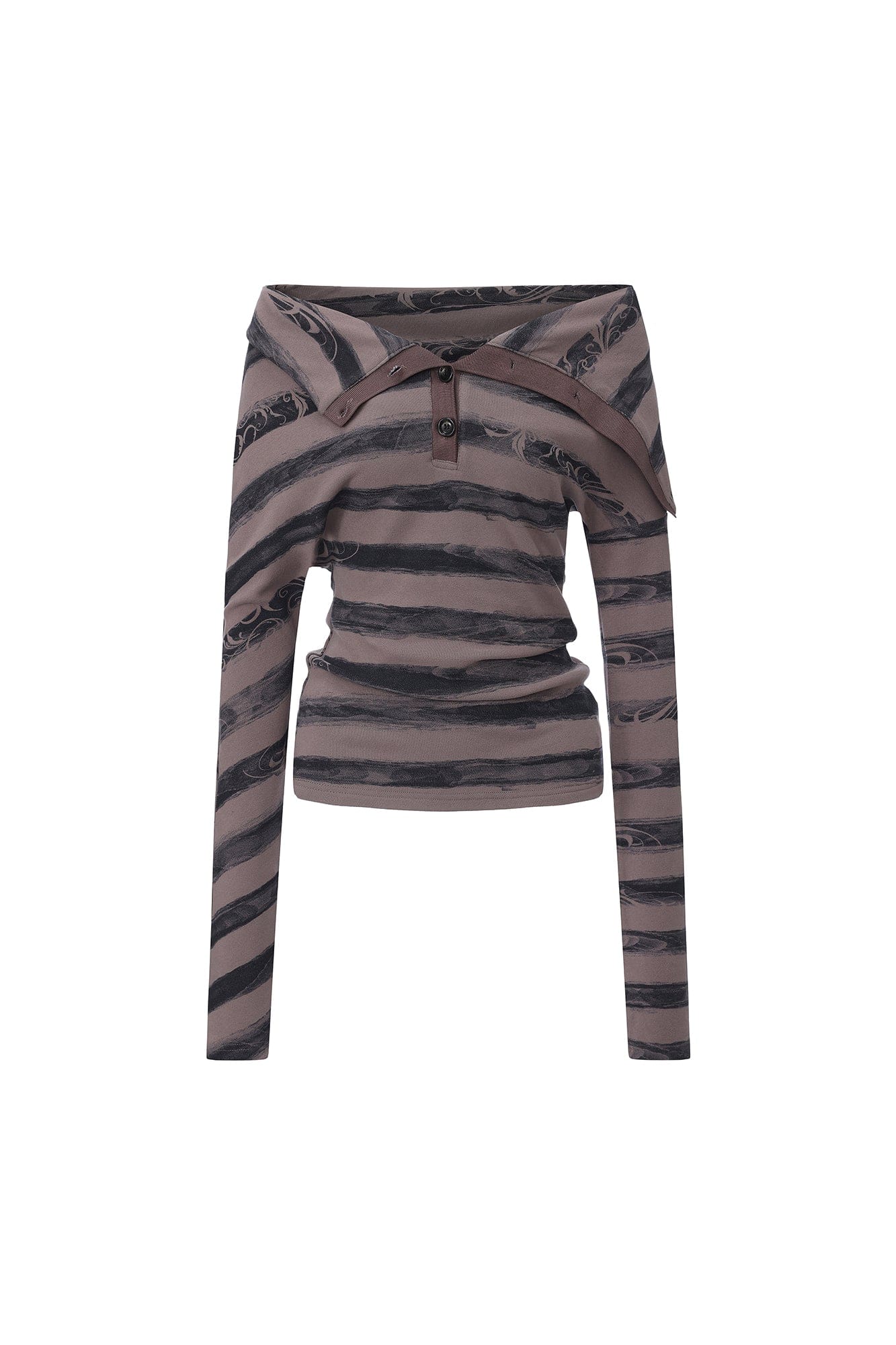 FAYCHUI Fold-Down Collar Swirl-Stripe Long Sleeve Tee