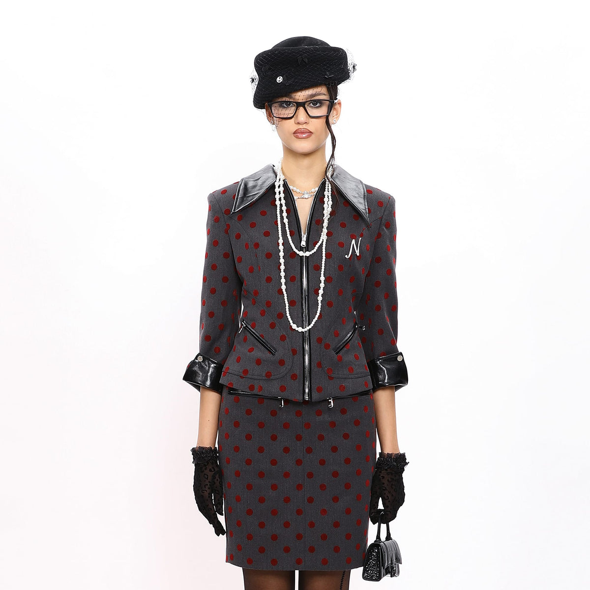 NEVER OFFEND L ANGEL Polka Dot Faux Leather Spliced Cropped Blazer