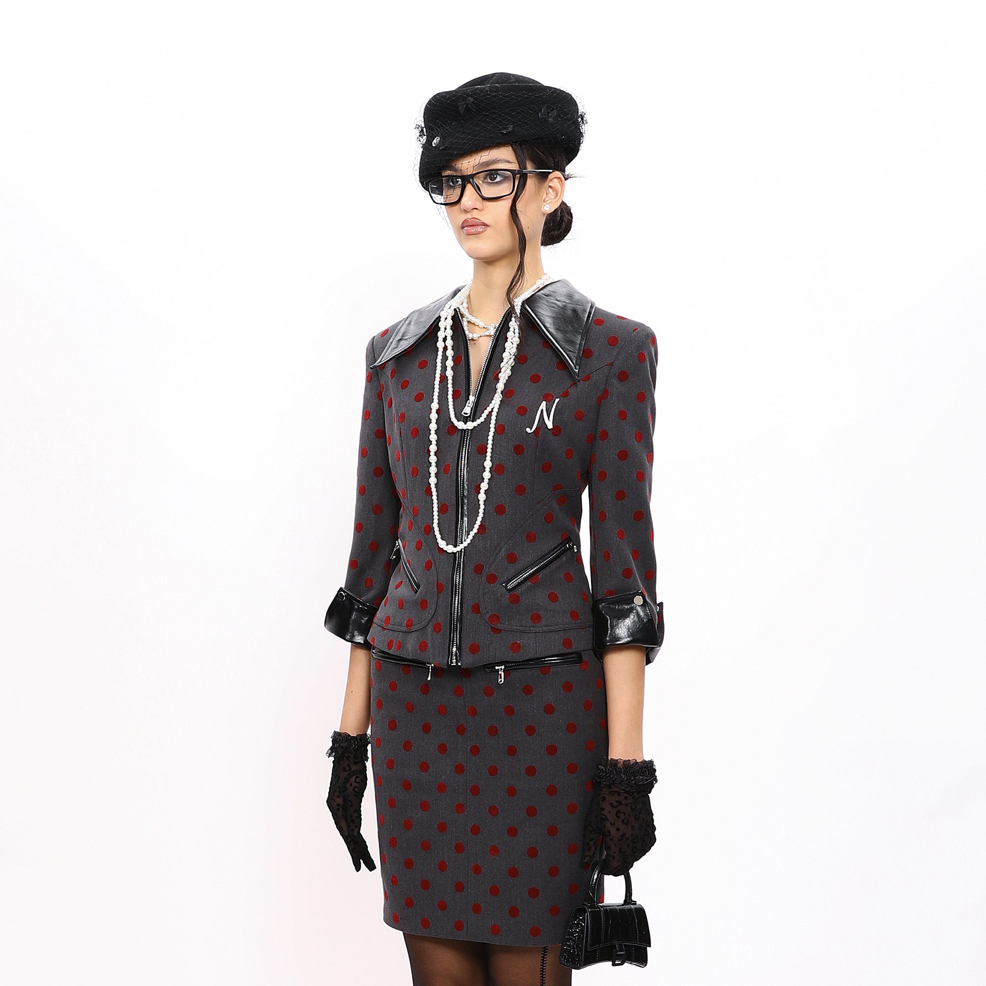 NEVER OFFEND L ANGEL Polka Dot Faux Leather Spliced Cropped Blazer