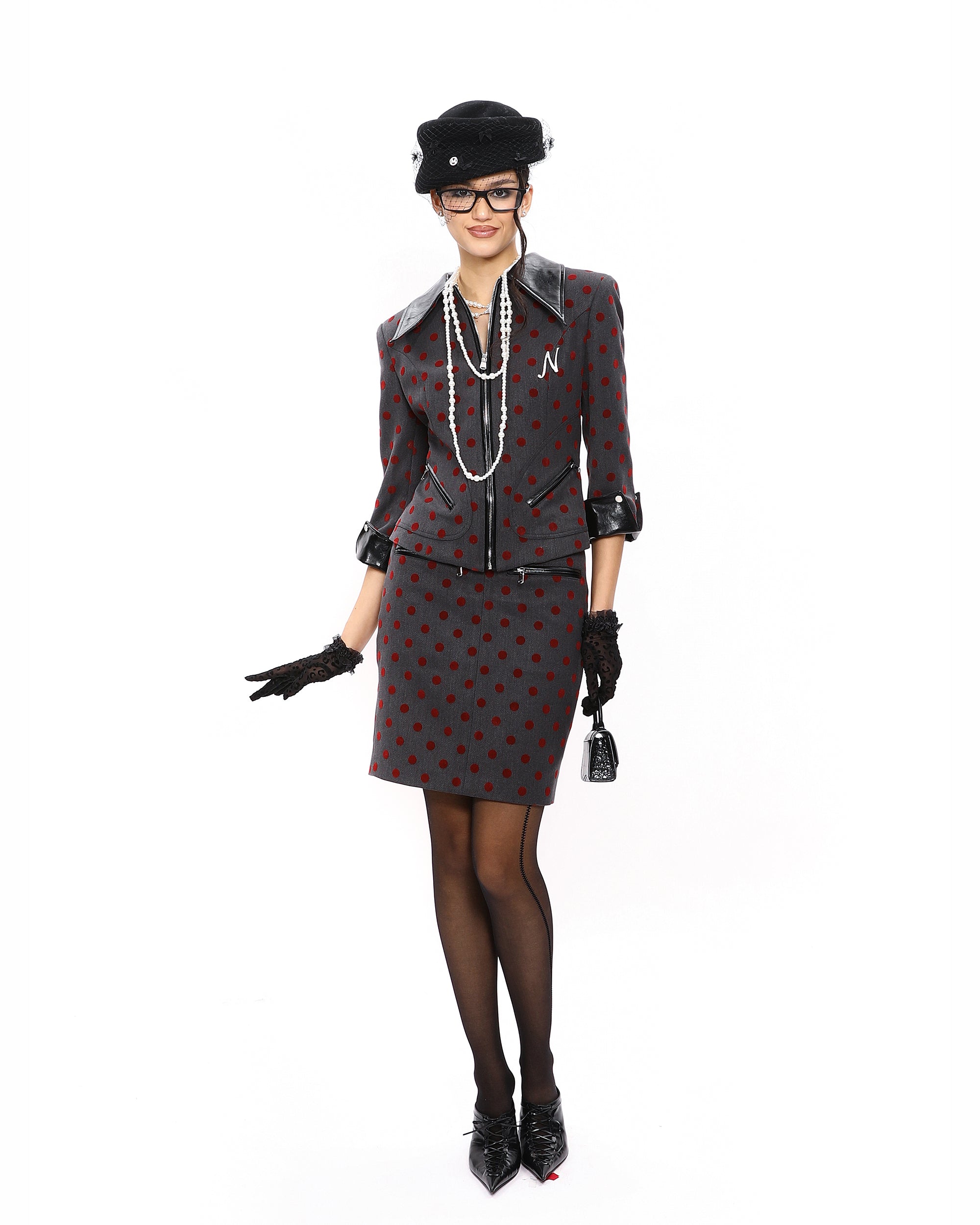 NEVER OFFEND L ANGEL Polka Dot Faux Leather Spliced Cropped Blazer