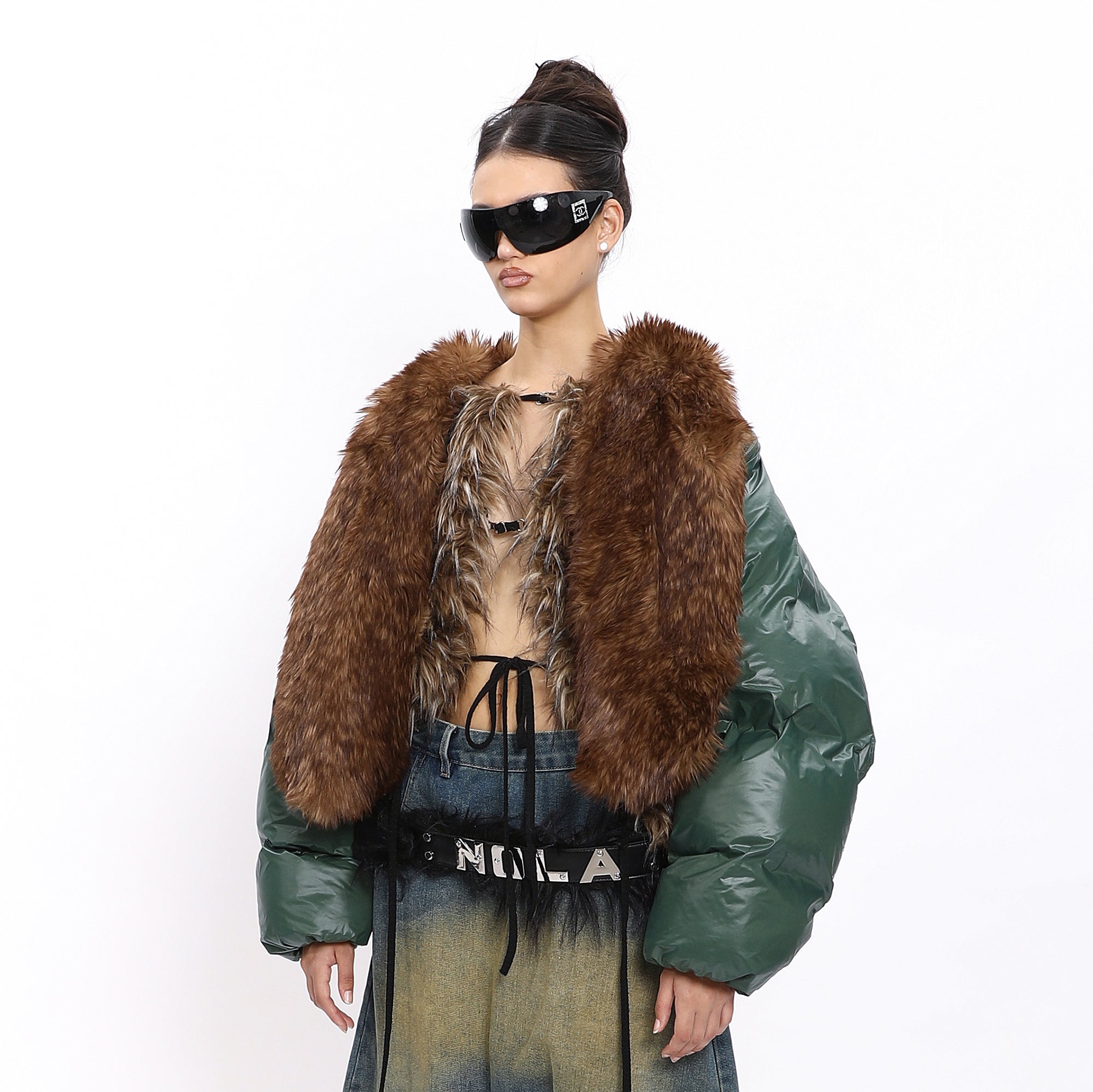 NEVER OFFEND L ANGEL Faux Fur Collar Cropped Puffer Jacket