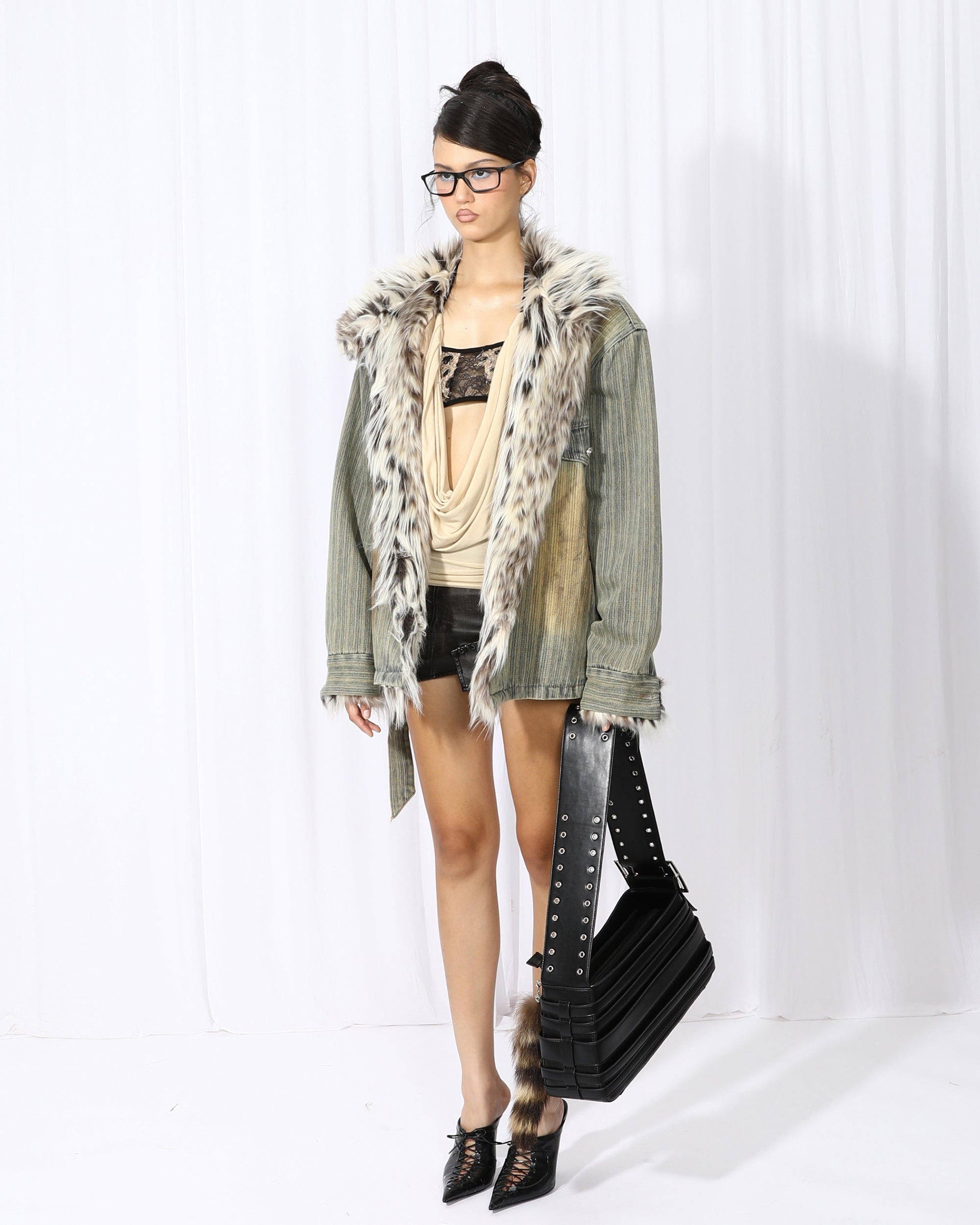 NEVER OFFEND L ANGEL Distressed Denim Fur-Trim Jacket