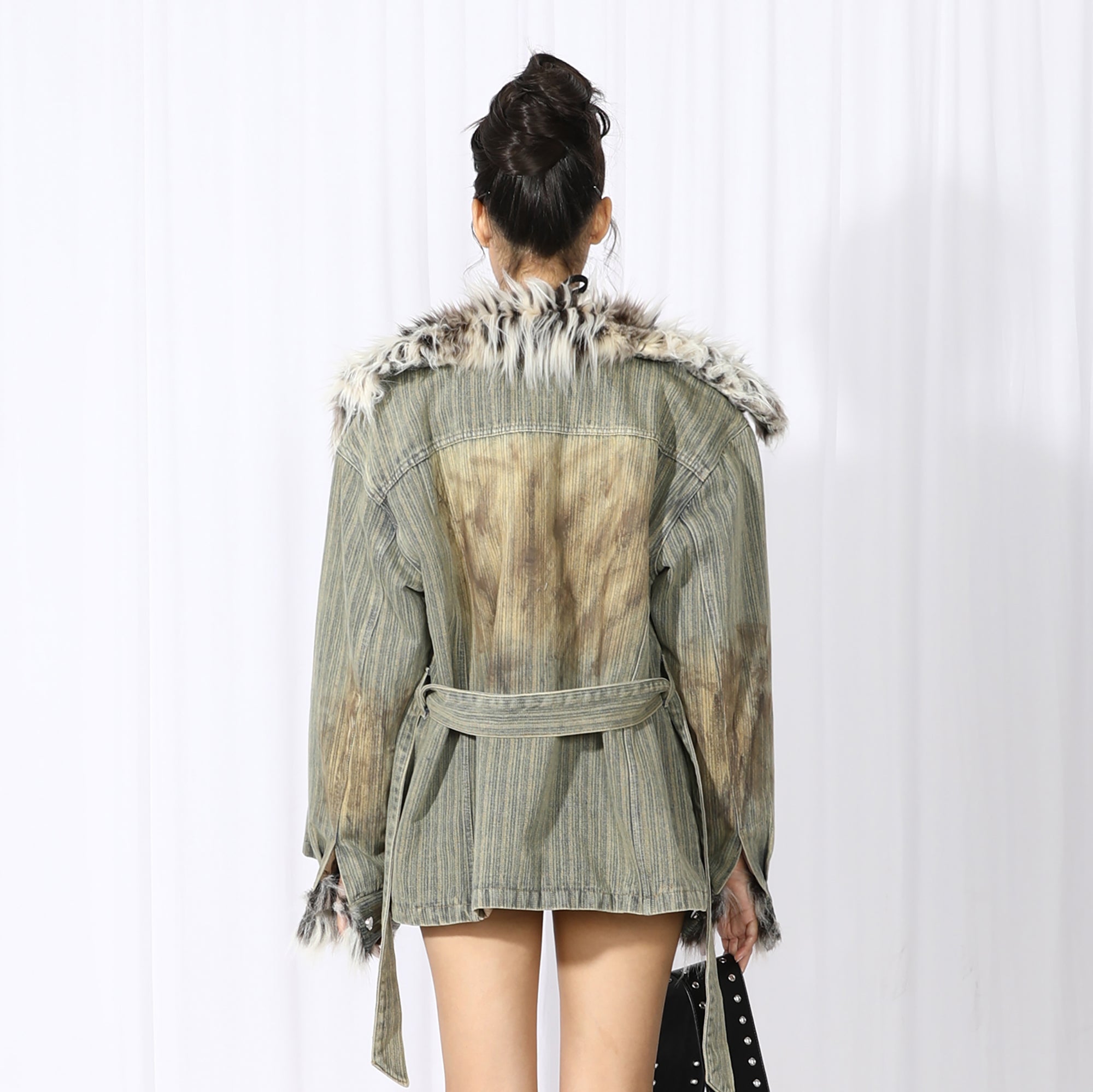 NEVER OFFEND L ANGEL Distressed Denim Fur-Trim Jacket