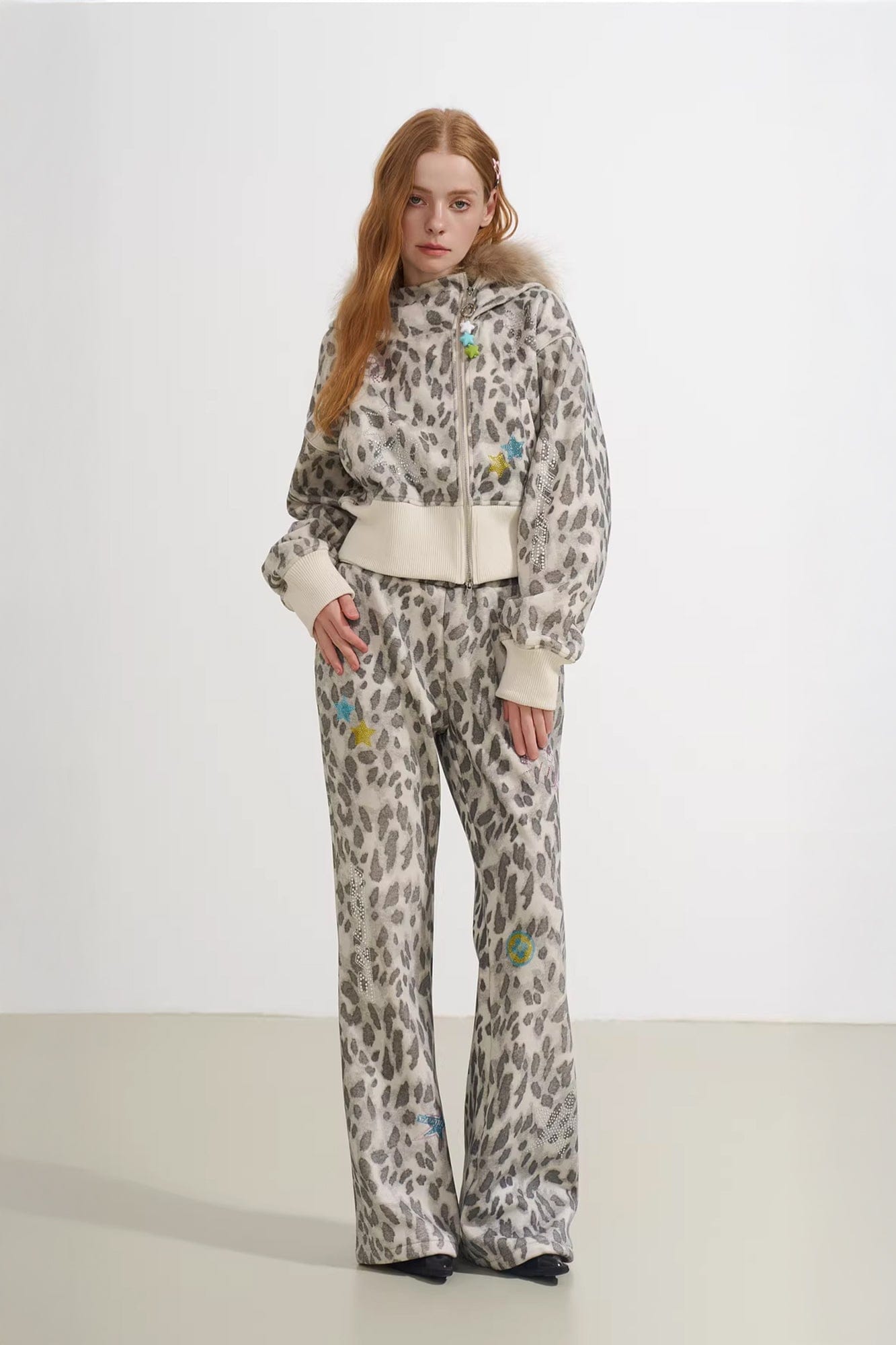 SOFITTE Leopard Diamond Faux-Fur Trim Cropped Jacket