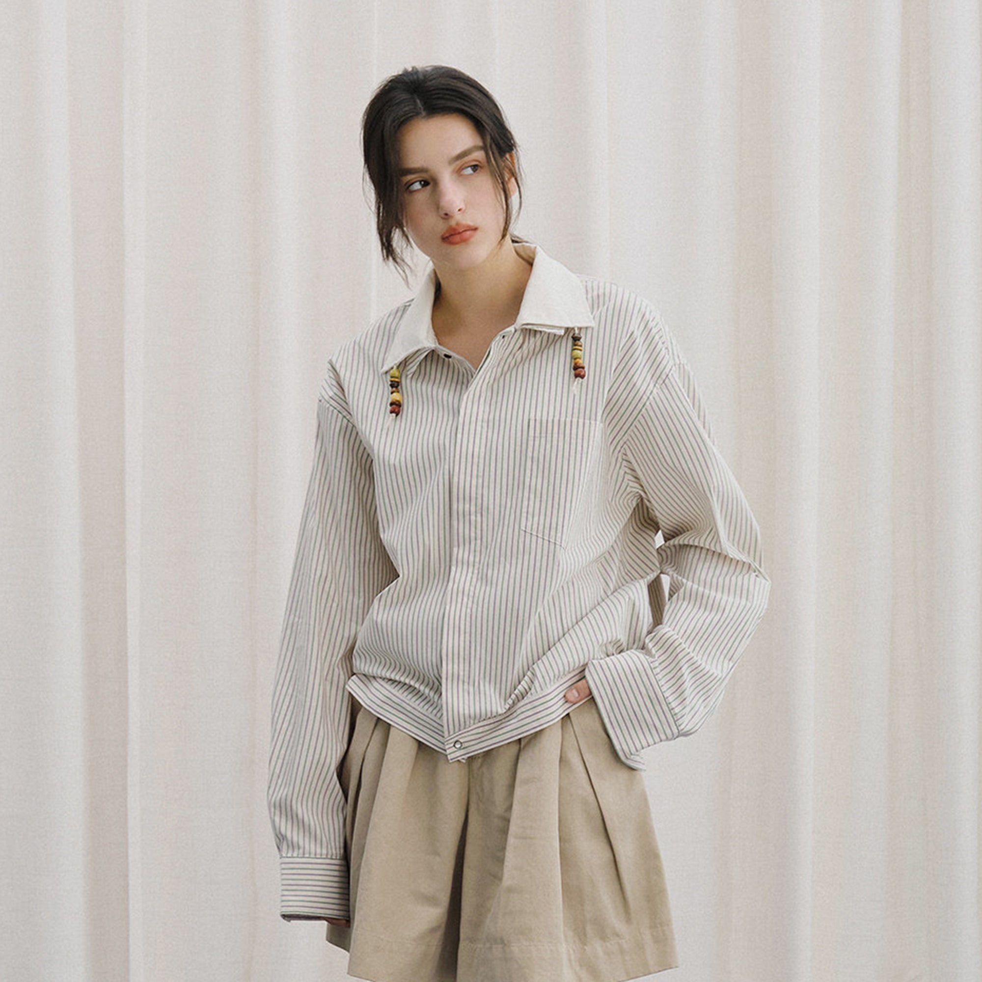 LIVINGTOWN Striped Beaded Drawcord Layered Collar Shirt