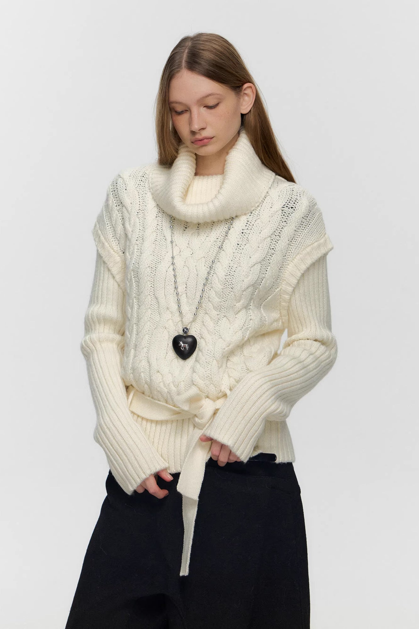 10AMSOTIIIIIIRED Spliced Cable-Knit Wool-Blend Belted Sweater
