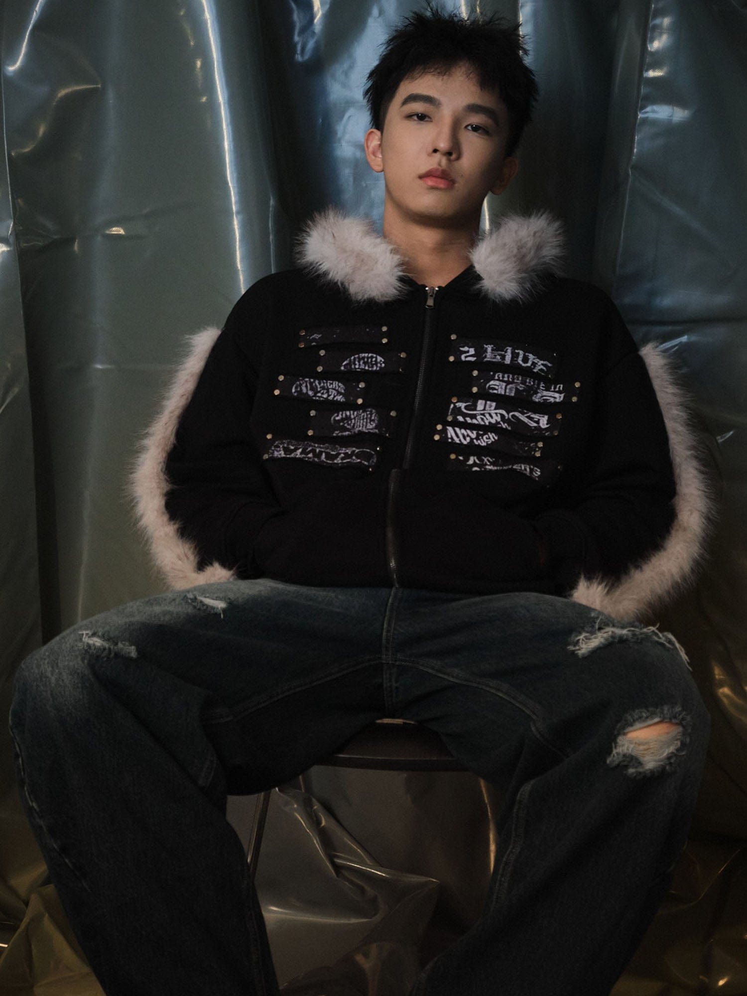 RECOVER ZONE Faux Fur Trim Graphic Zip-Up Hoodie, premium urban and streetwear designers apparel on PROJECTISR.com, RECOVER ZONE