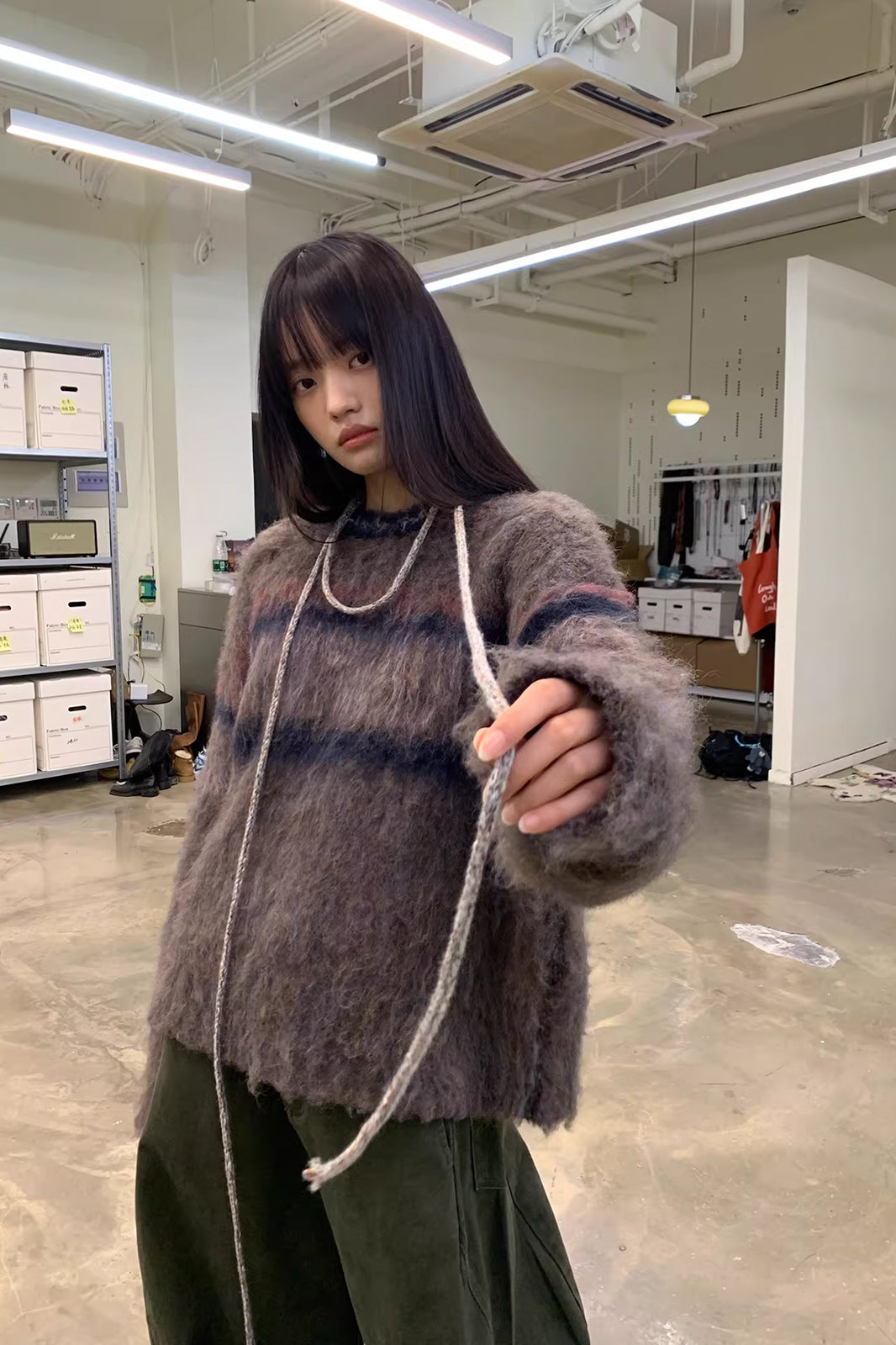 NEVERSEEZ Contrast Stripe Fuzzy Sweater