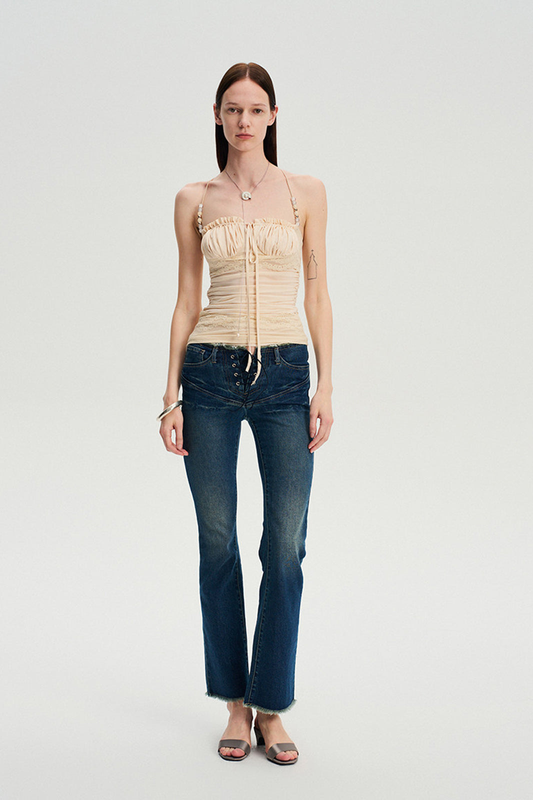 DOTYEARS Beaded Strap Lace Ruched Cami Top
