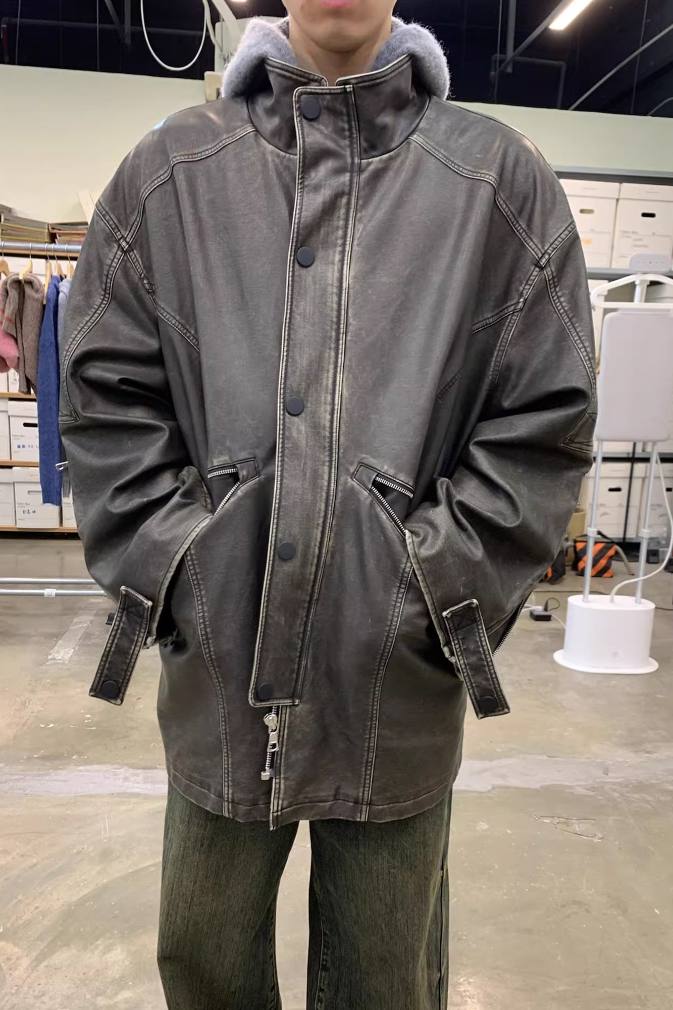 NEVERSEEZ Paneled Faux Leather Washed Utility Jacket