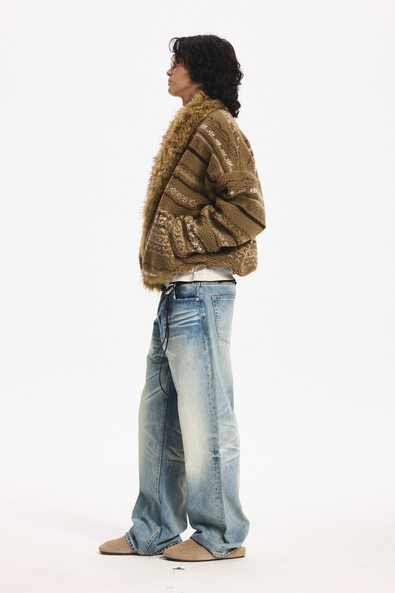 LEONSENSE Detachable Faux Fur Collar Fair Isle Jacket