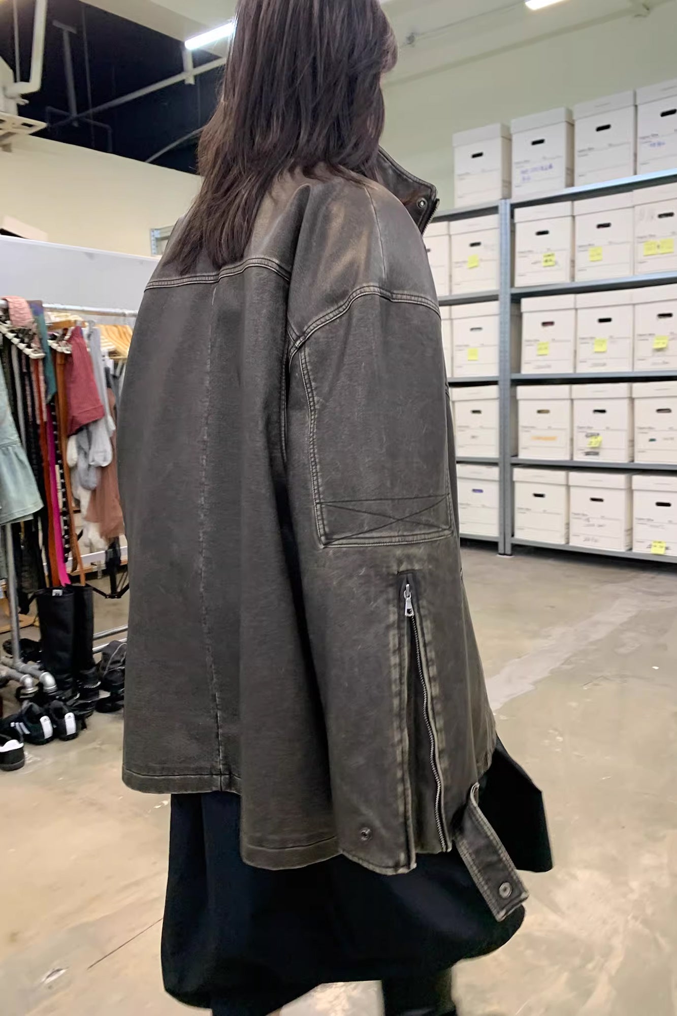 NEVERSEEZ Paneled Faux Leather Washed Utility Jacket