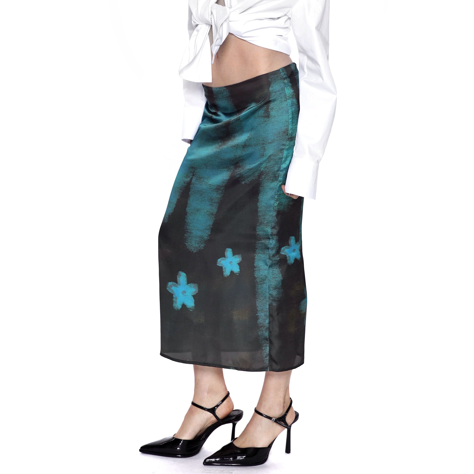 SCARLET SAGE Gradient Full-Print Satin Midi Skirt