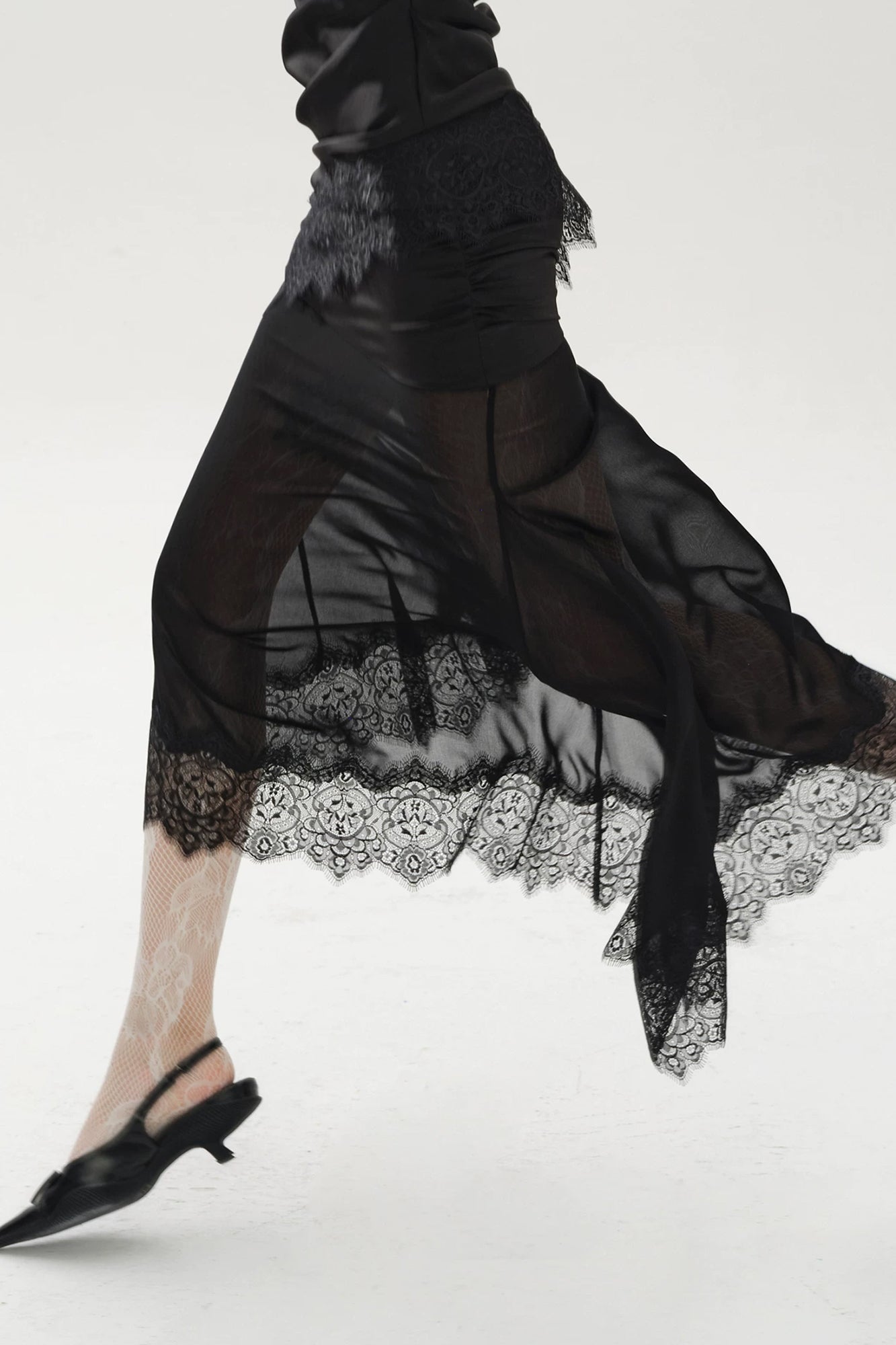 LAYERS Ruched Lace Trim Asymmetrical Midi Skirt