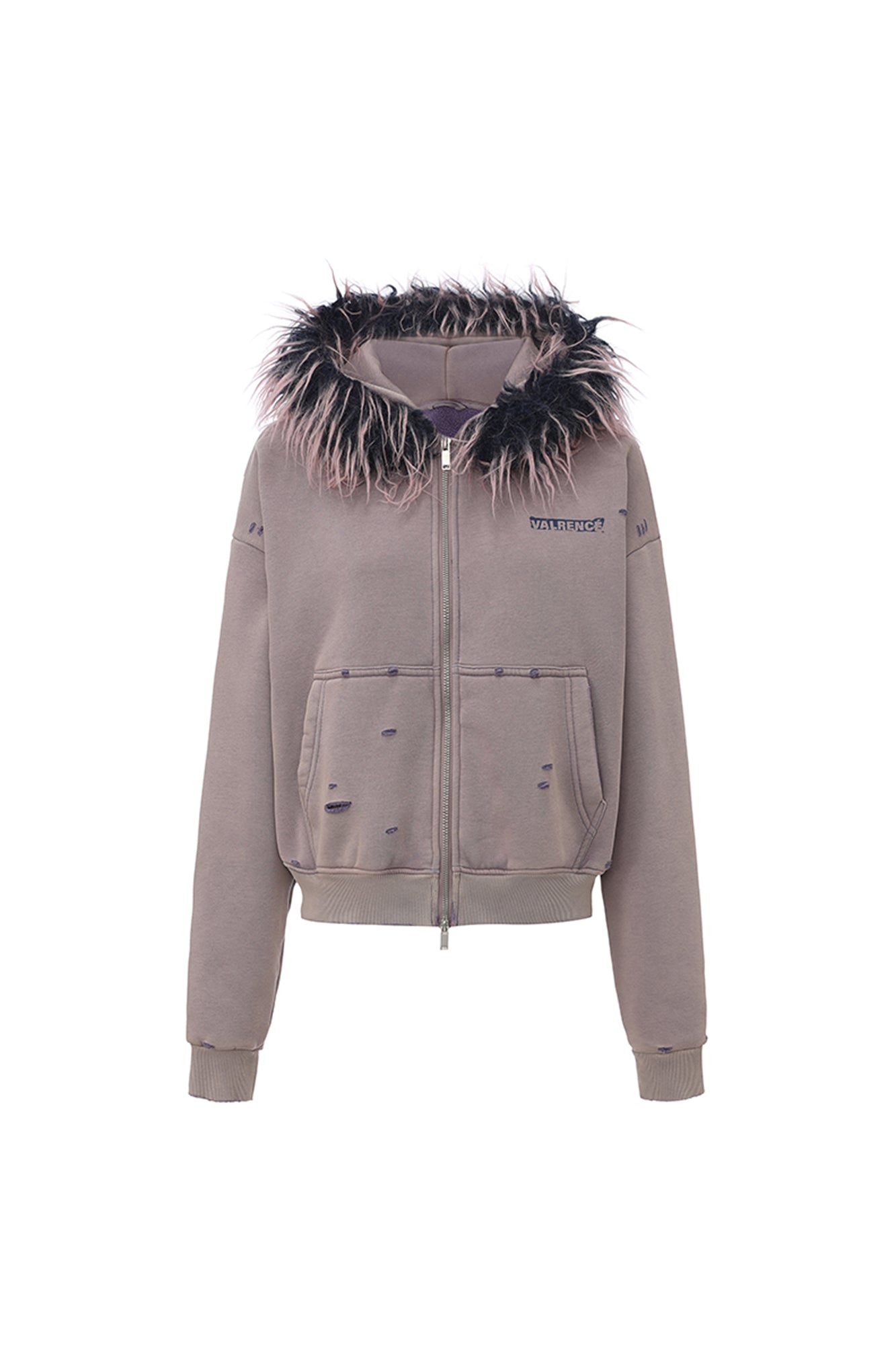 VANN VALRENCE Distressed Faux Fur Trim Zip Hoodie