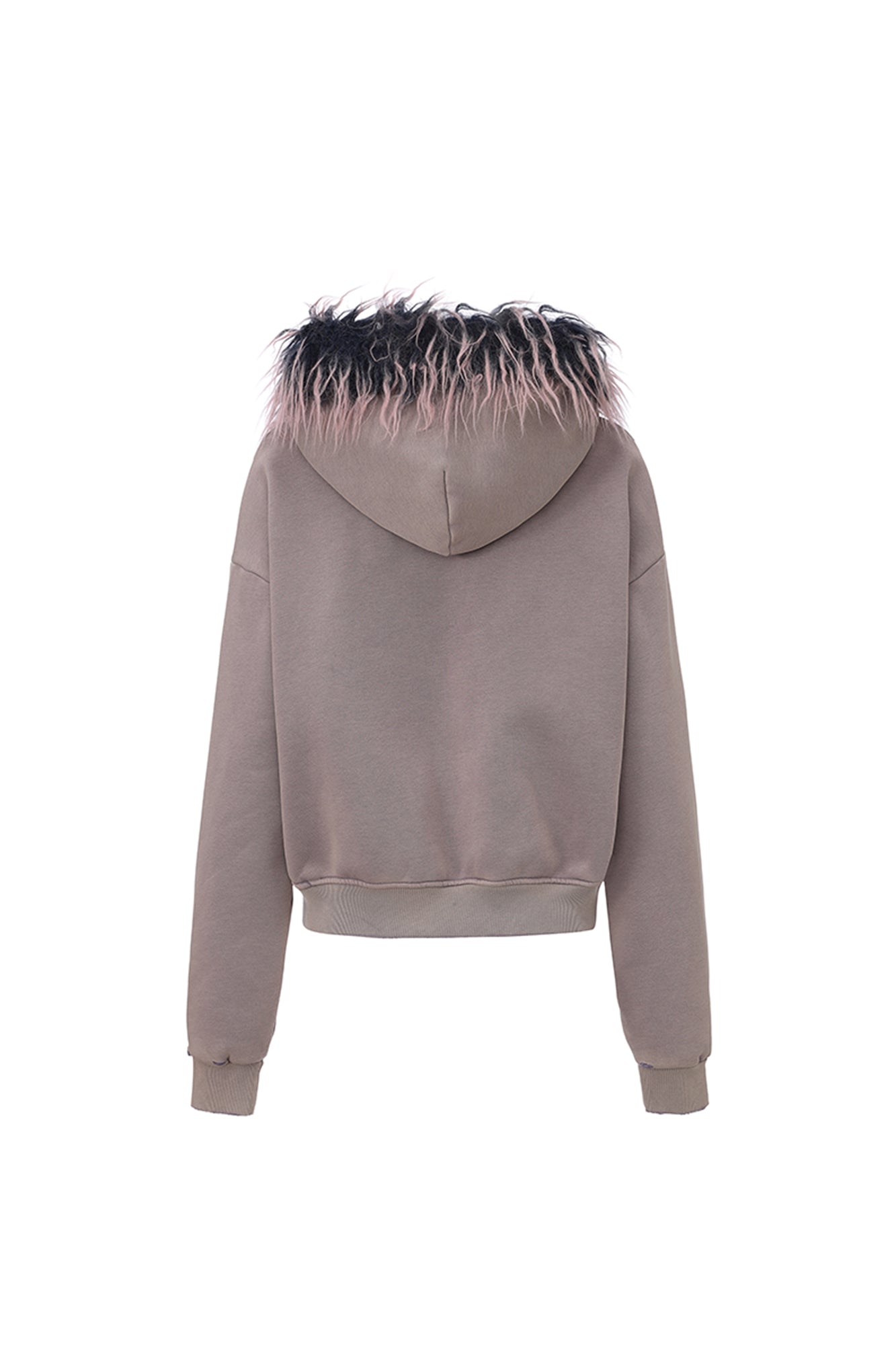 VANN VALRENCE Distressed Faux Fur Trim Zip Hoodie