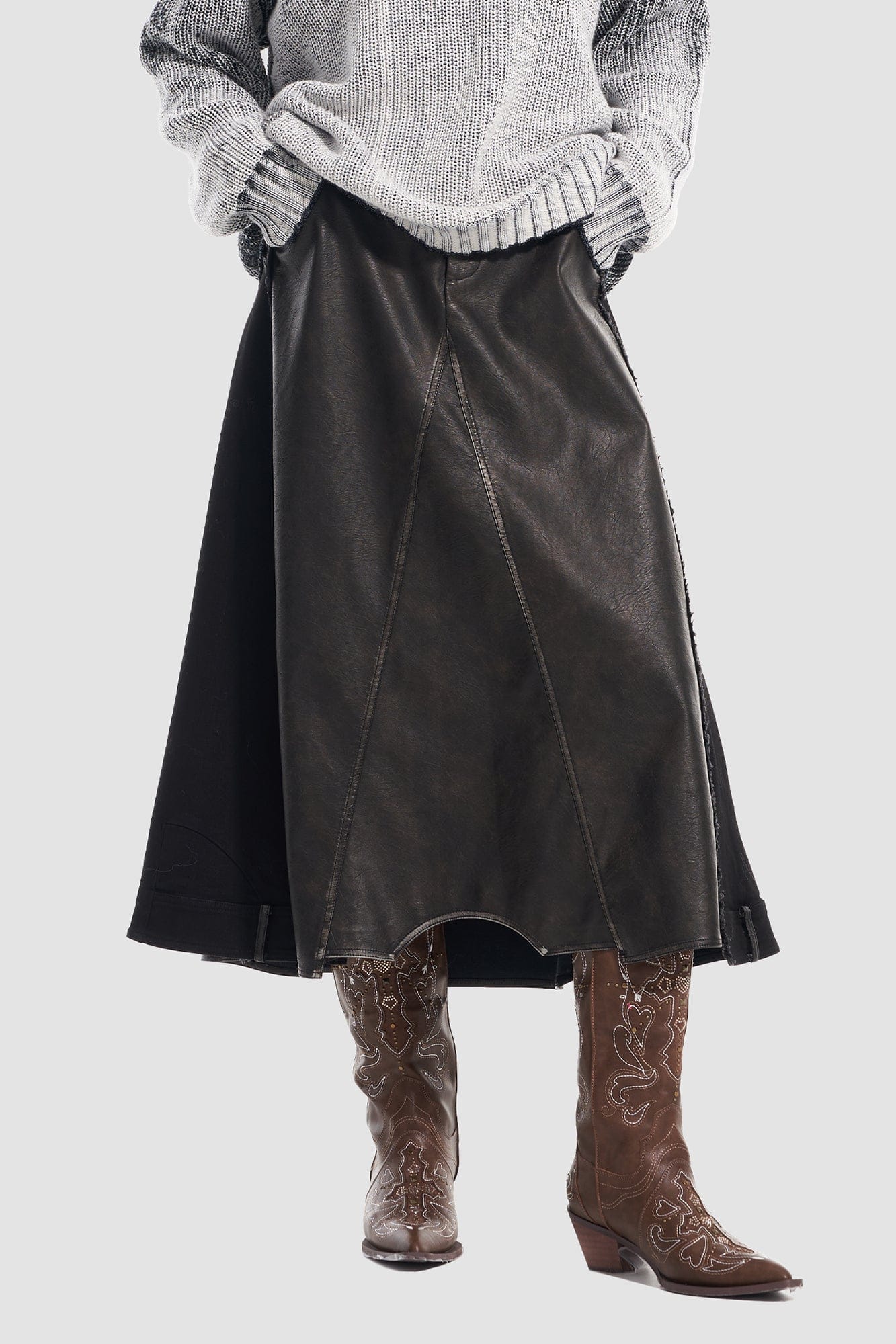 VANN VALRENCE Paneled Frayed Faux Leather A-Line Skirt
