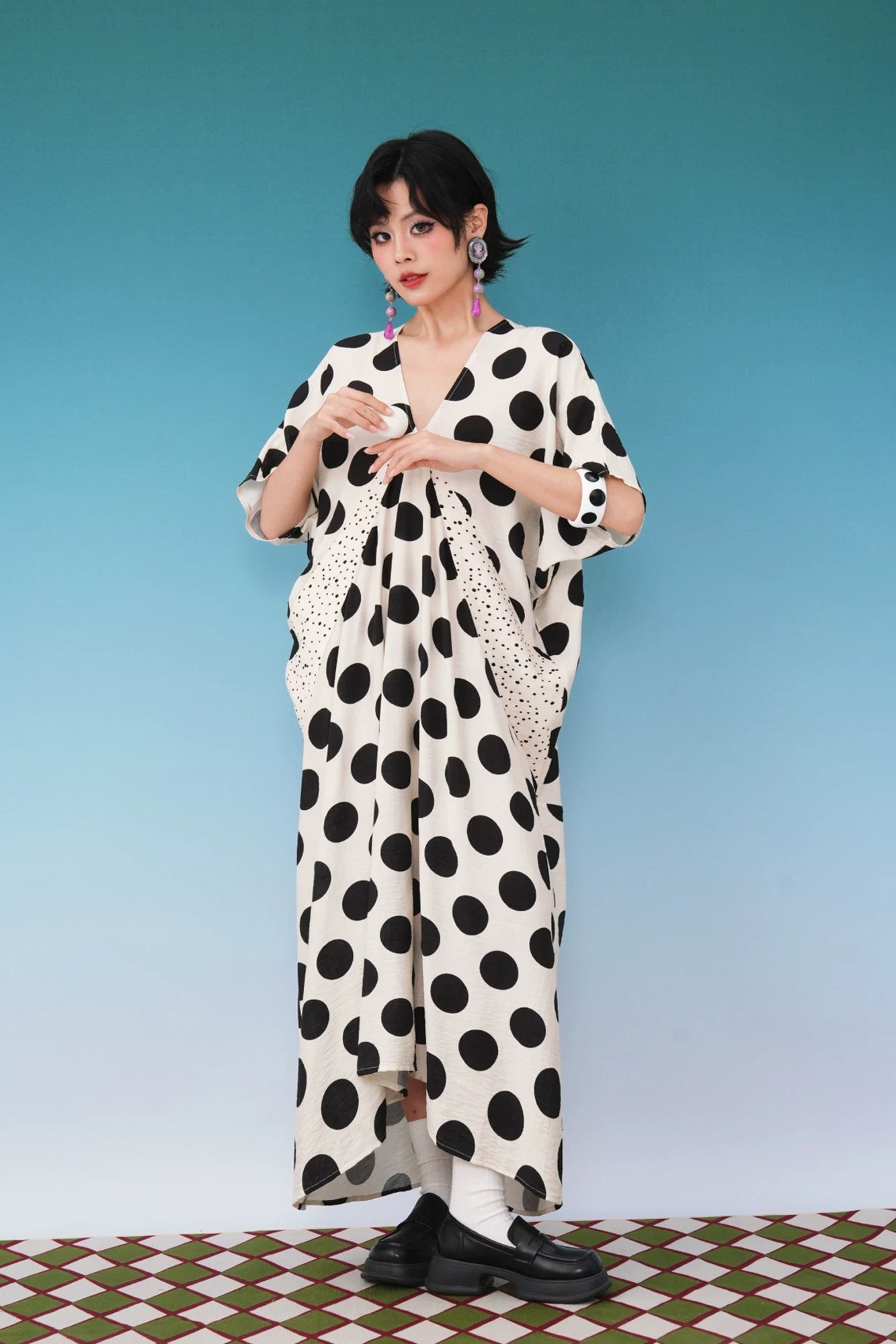 NOPMOB Spliced Polka Dot Draped Maxi Dress