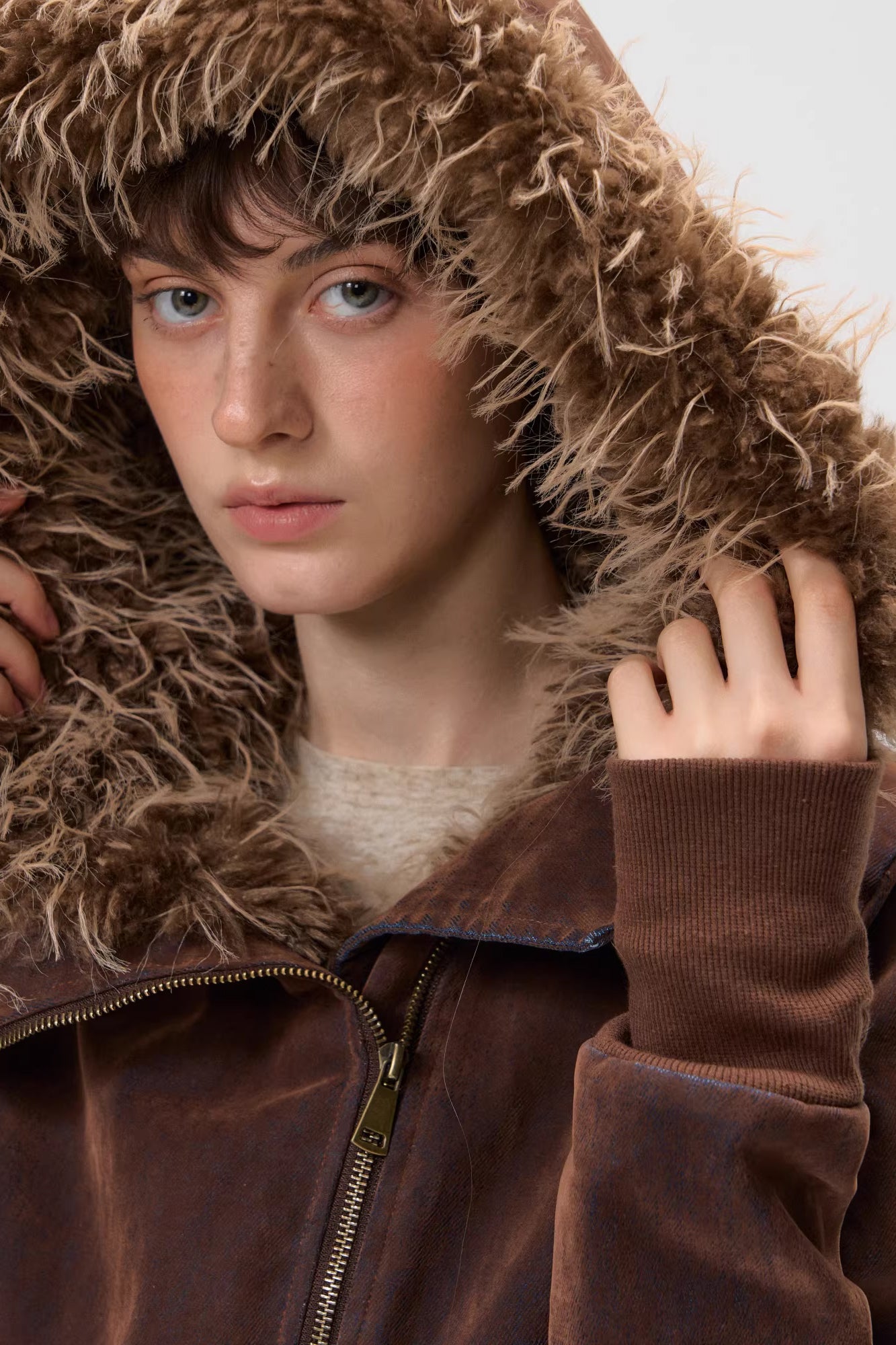 10AMSOTIIIIIIRED Sherpa-Lined Faux Fur Hooded Bomber Jacket