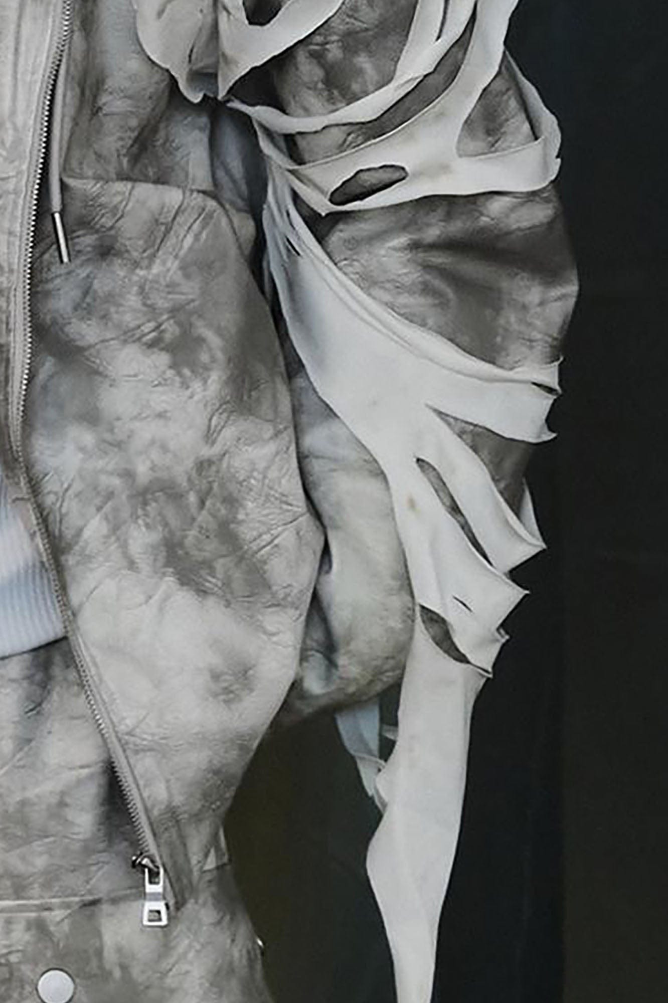 RECOVER ZONE Distressed Slashed PU Layered Hooded Jacket, premium urban and streetwear designers apparel on PROJECTISR.com, RECOVER ZONE