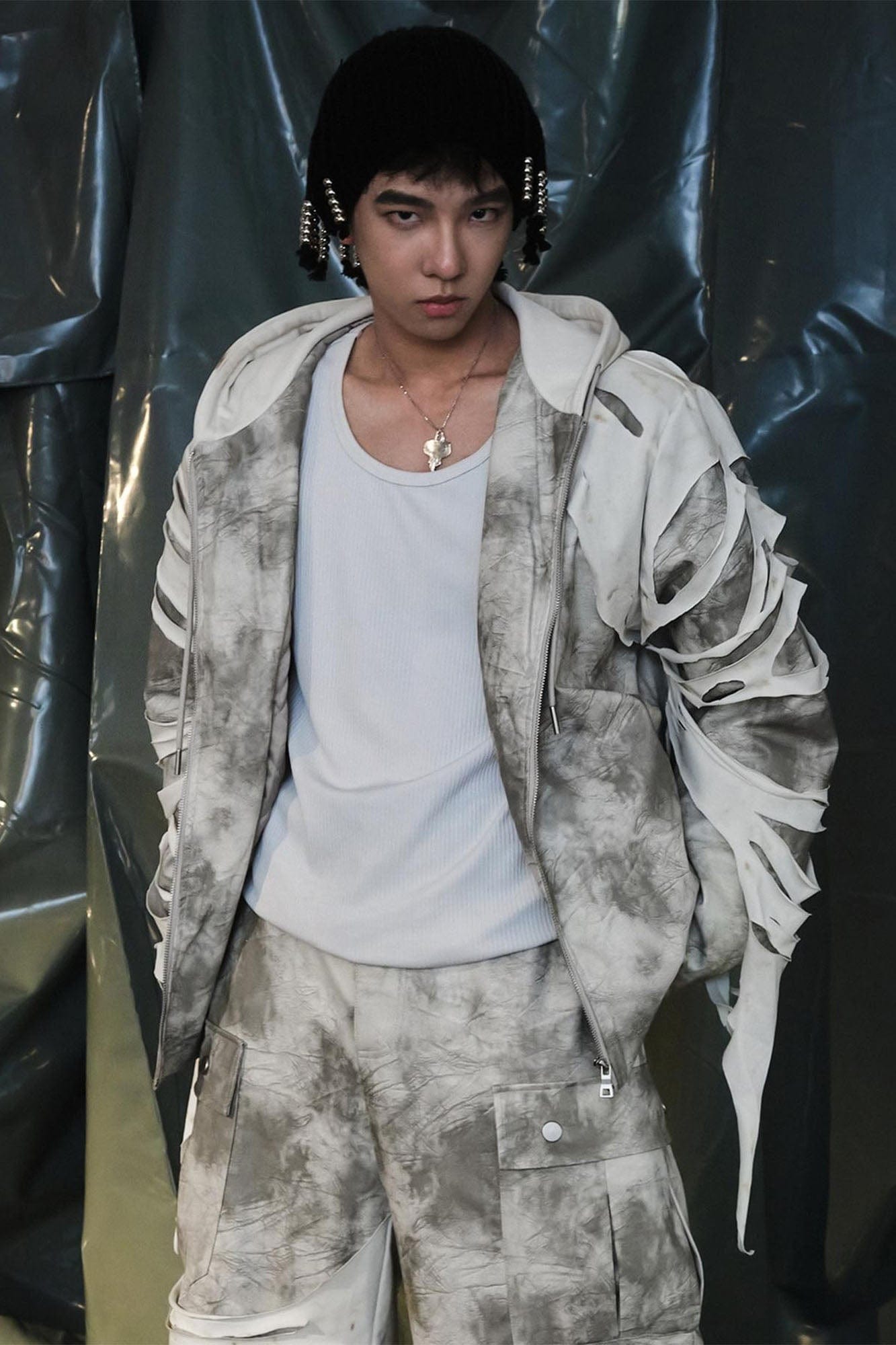 RECOVER ZONE Distressed Slashed PU Layered Hooded Jacket, premium urban and streetwear designers apparel on PROJECTISR.com, RECOVER ZONE