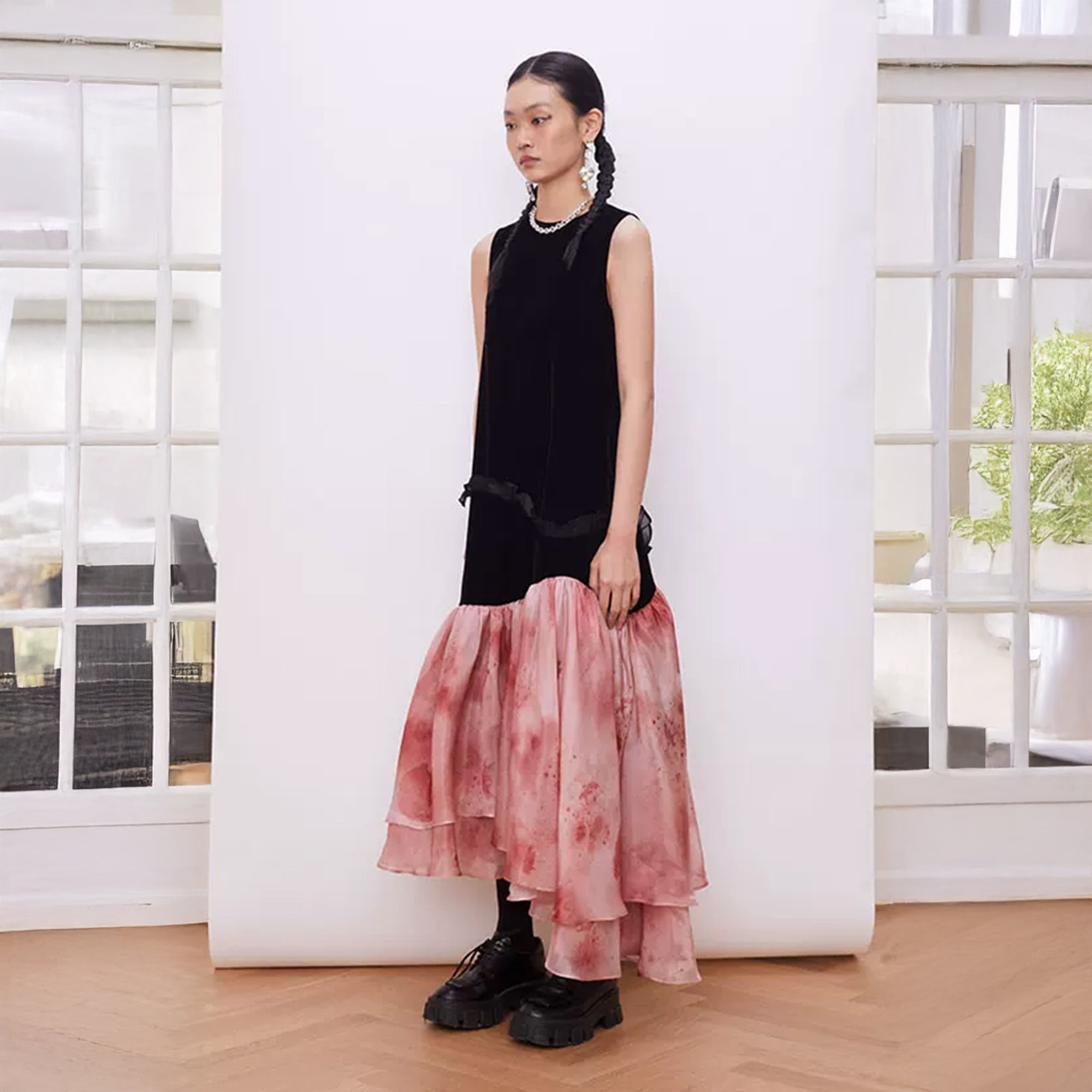 LAYERS Asymmetrical Flounce-Hem Spliced Maxi Dress