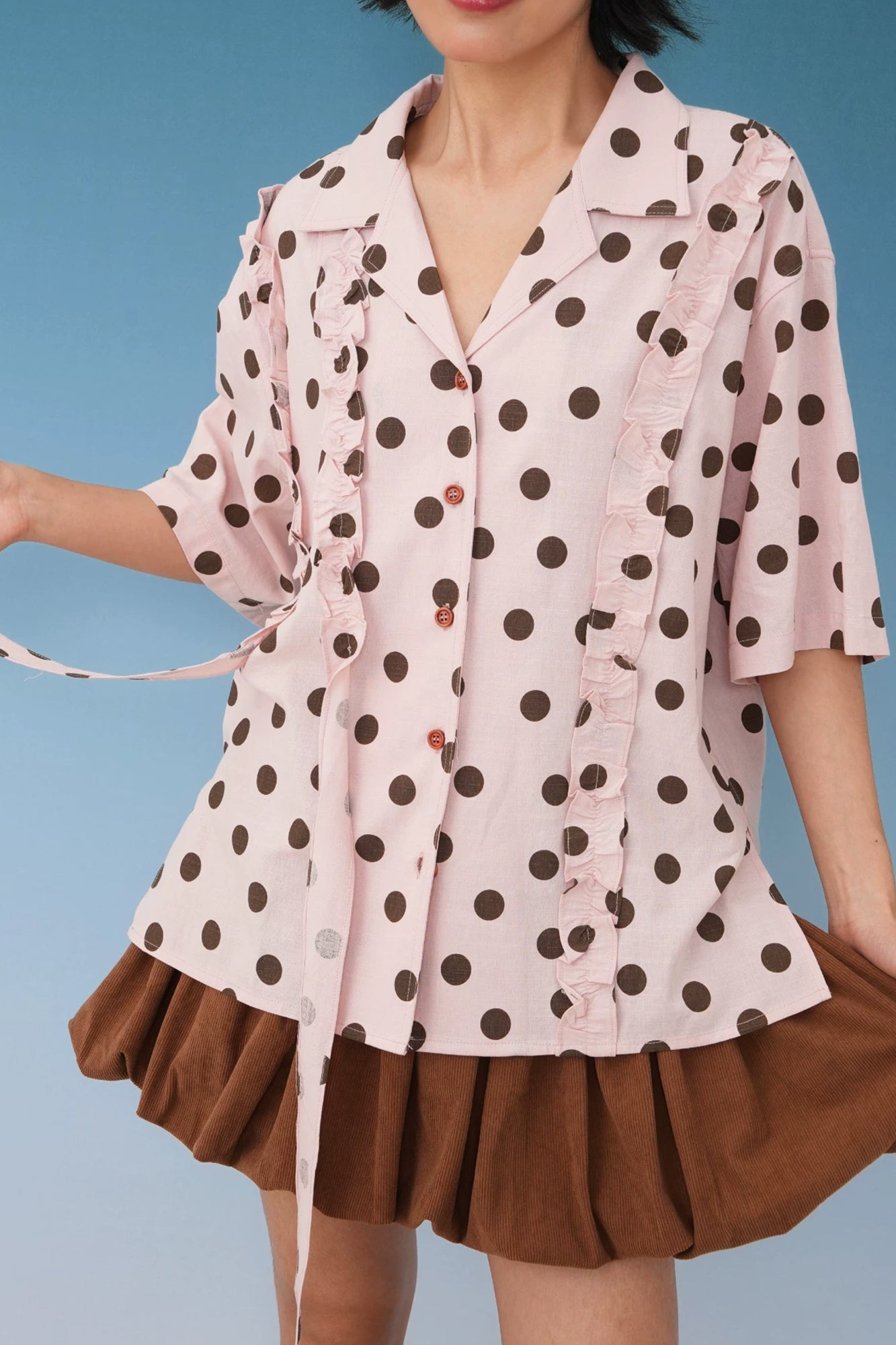 NOPMOB Polka Dot Ruffle Tie Half-Shirt
