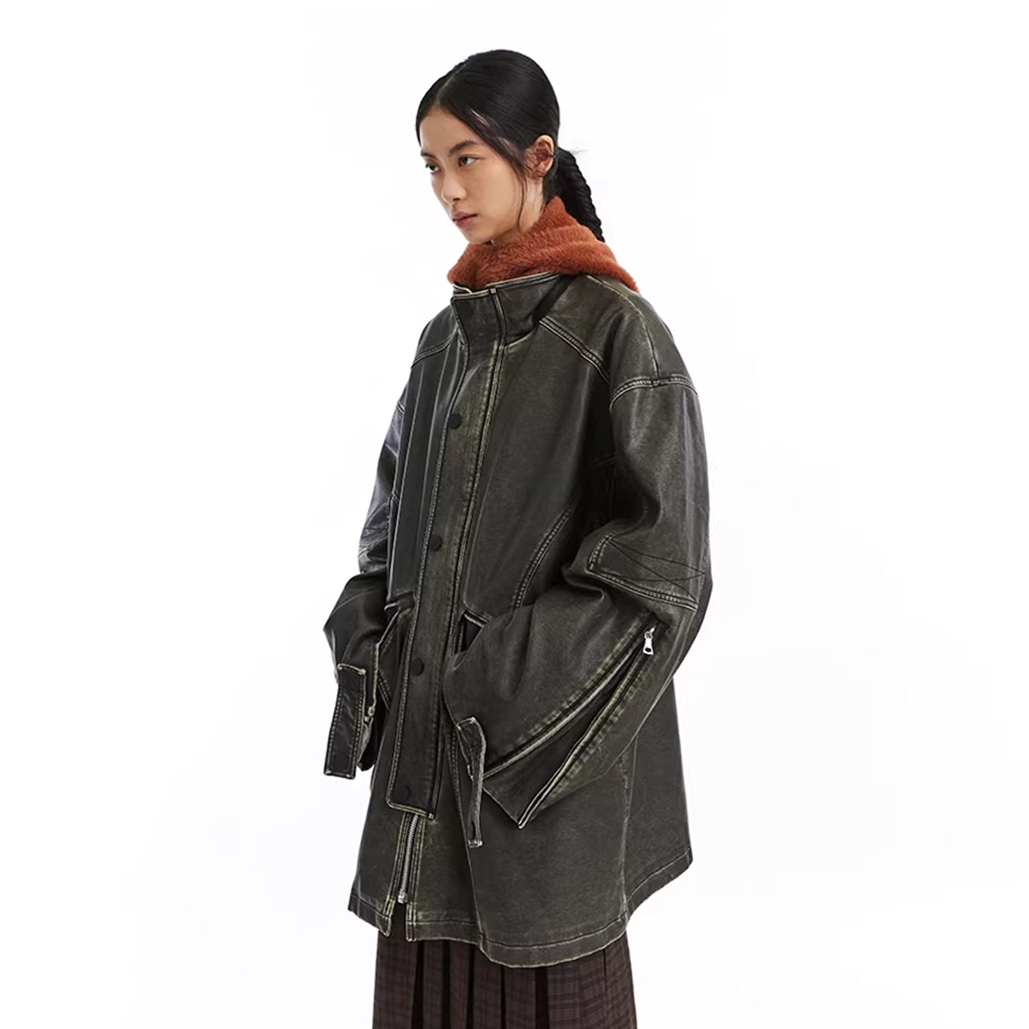 NEVERSEEZ Paneled Faux Leather Washed Utility Jacket