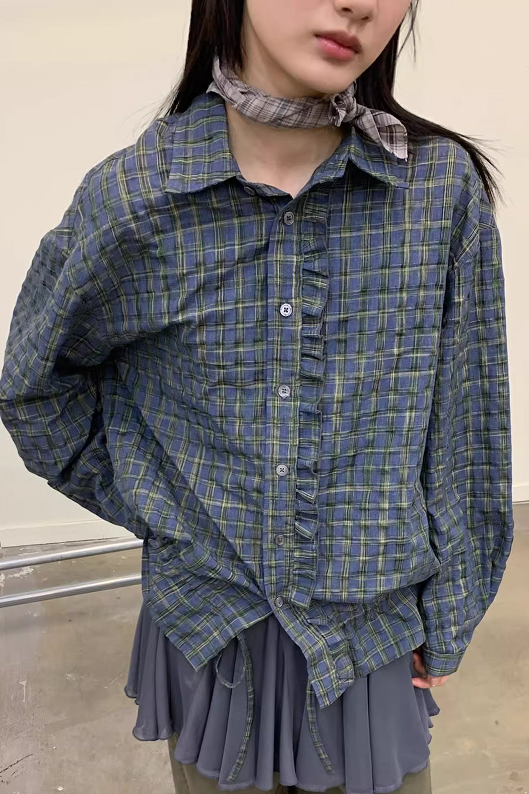 NEVERSEEZ Ruffle-Placket Seersucker Plaid Drawstring Shirt
