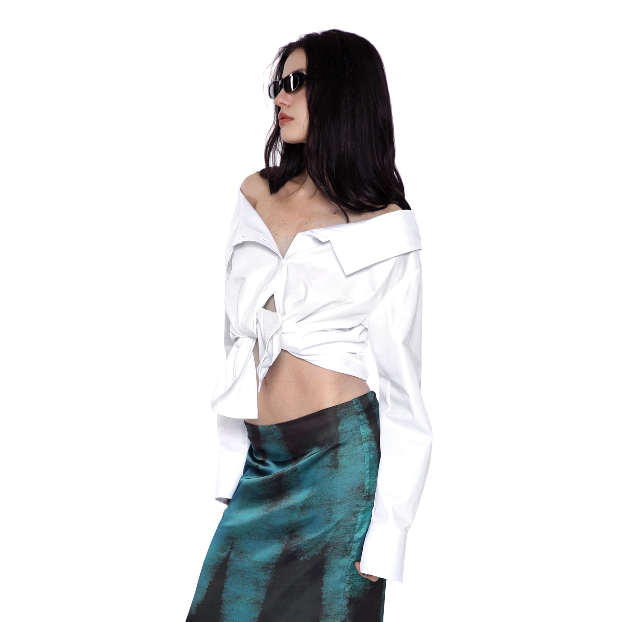 SCARLET SAGE Oversized-Collar Off-Shoulder Shirt
