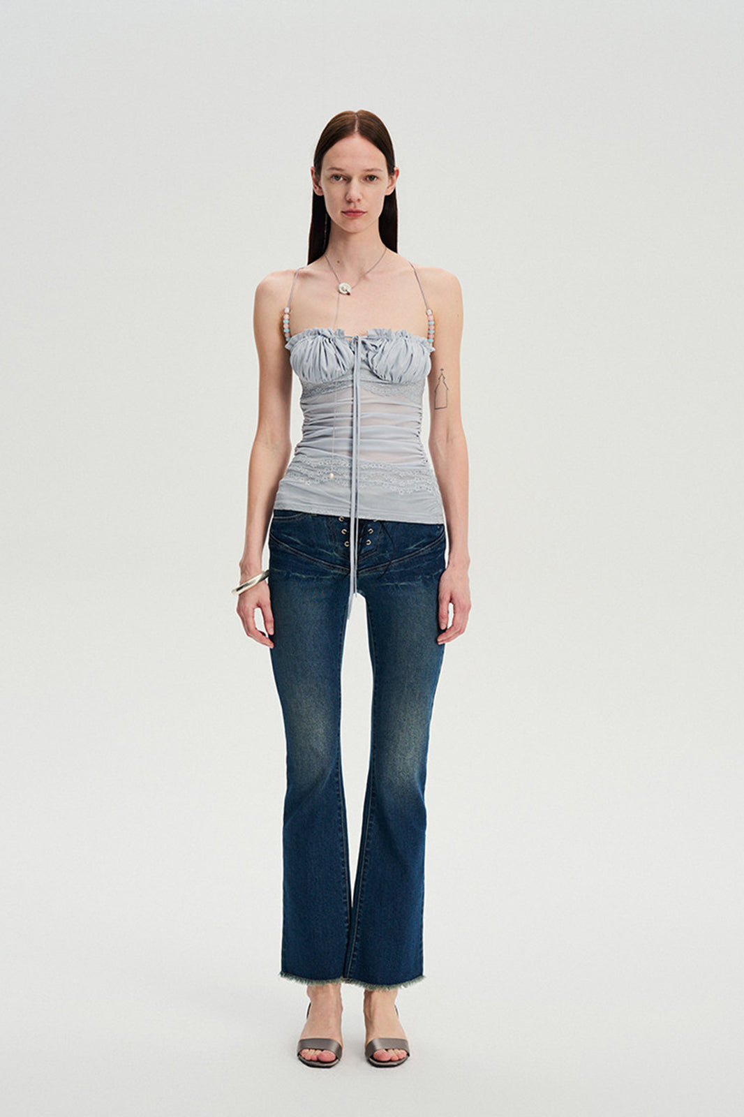 DOTYEARS Beaded Strap Lace Ruched Cami Top