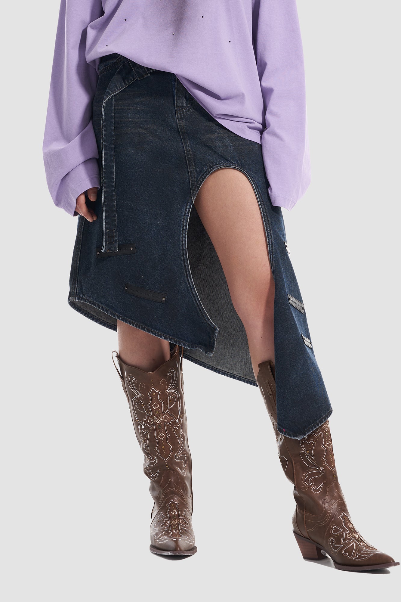 VANN VALRENCE Asym Cut-Out Deconstructed Denim Skirt