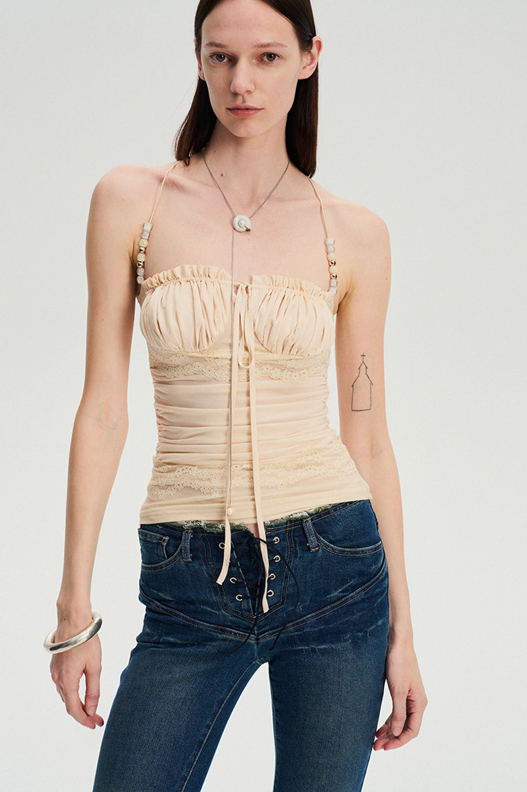 DOTYEARS Beaded Strap Lace Ruched Cami Top