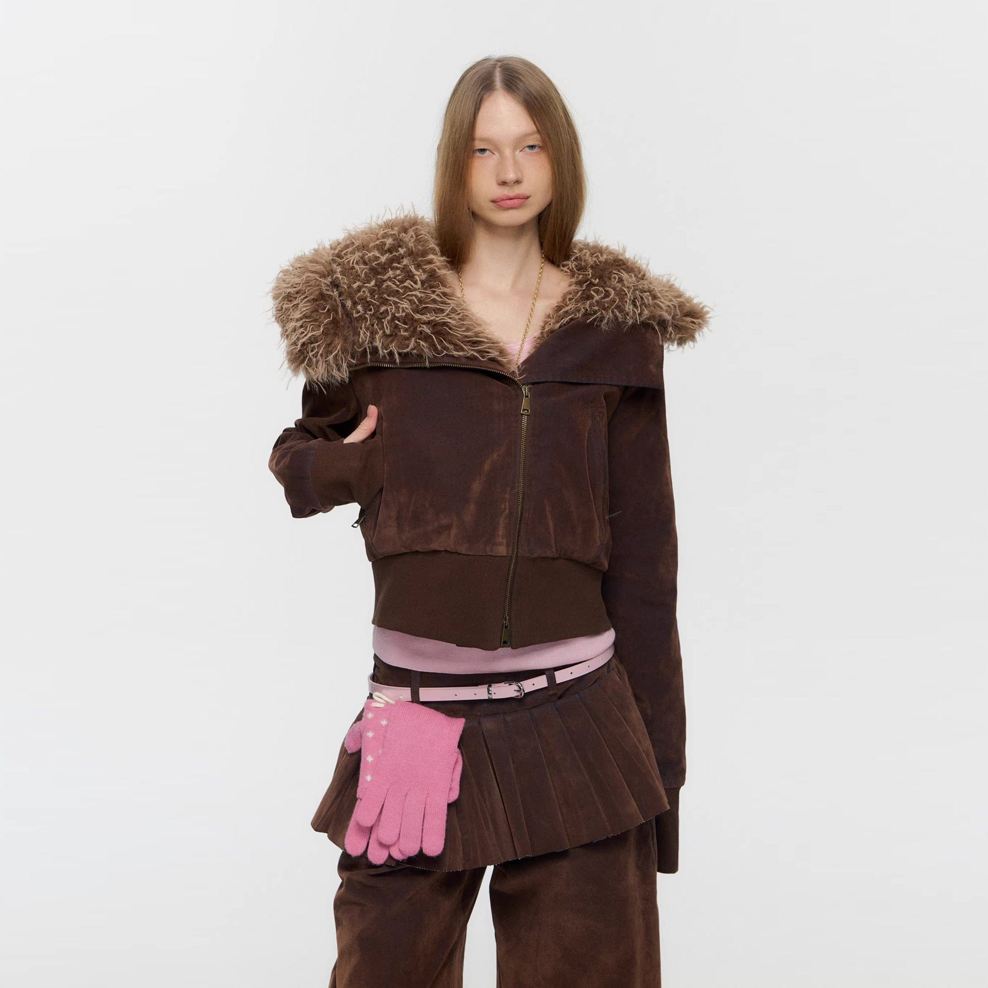 10AMSOTIIIIIIRED Sherpa-Lined Faux Fur Hooded Bomber Jacket