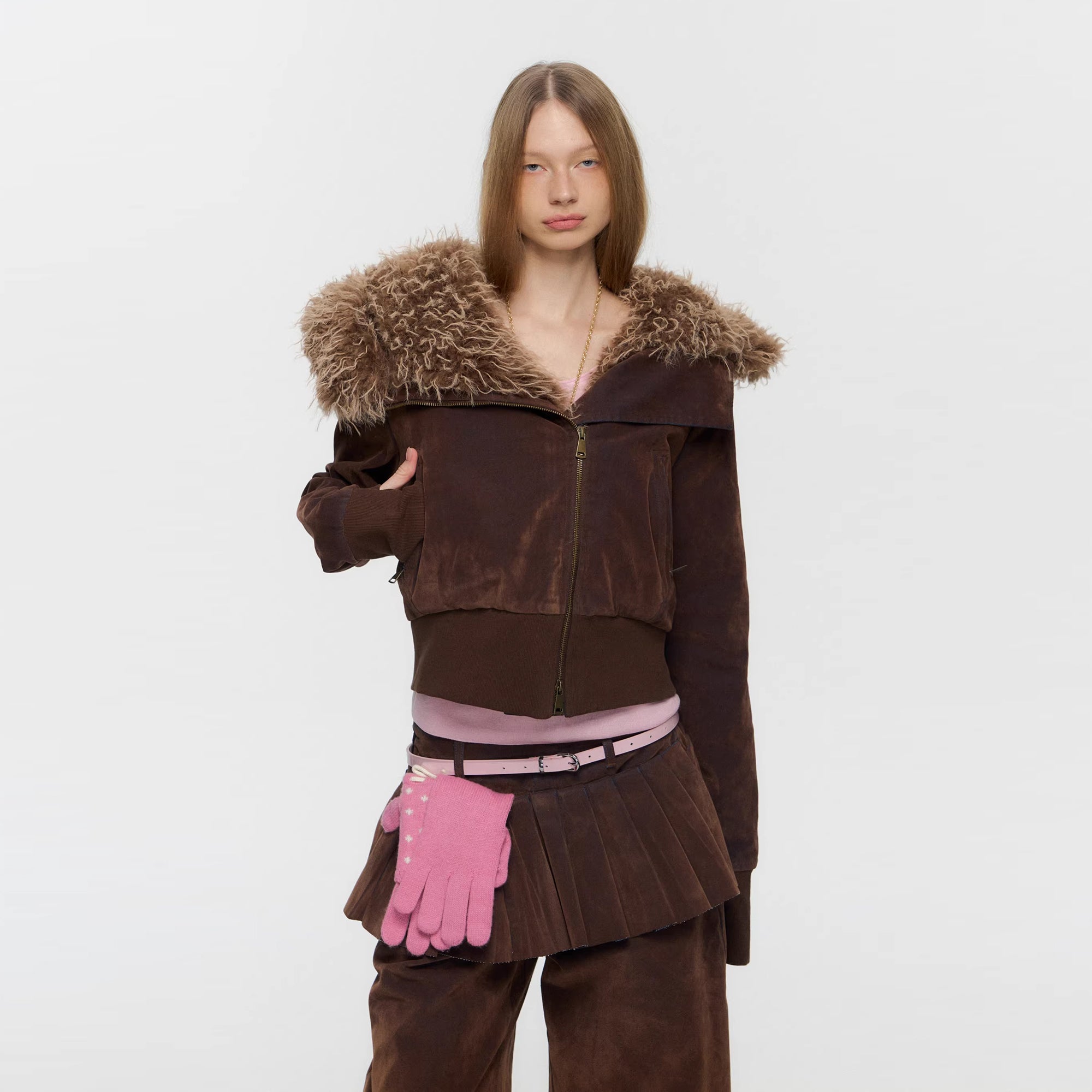 10AMSOTIIIIIIRED Sherpa-Lined Faux Fur Hooded Bomber Jacket